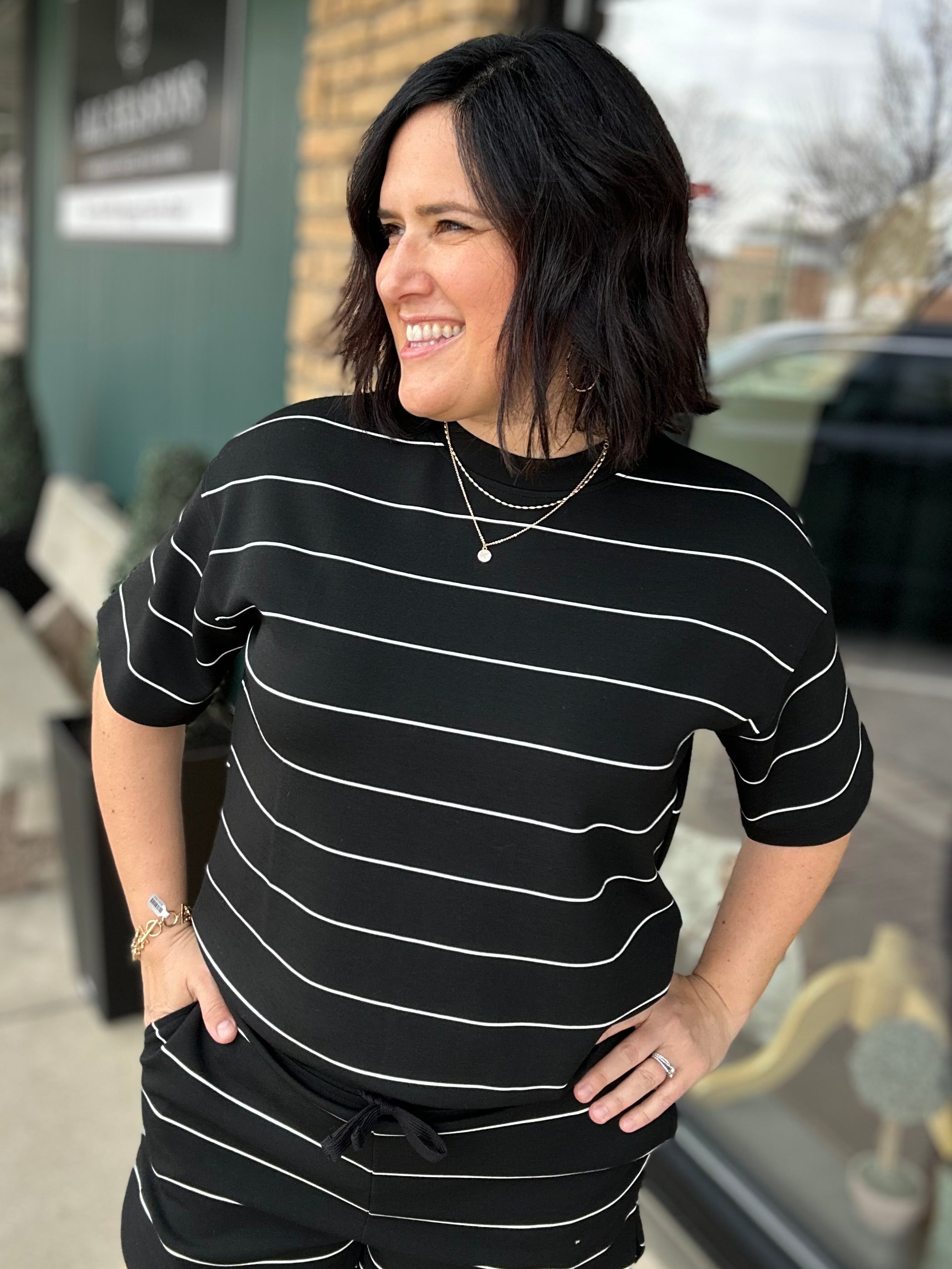 Black Striped Crew Neck Top Top - Tee RAE MODE