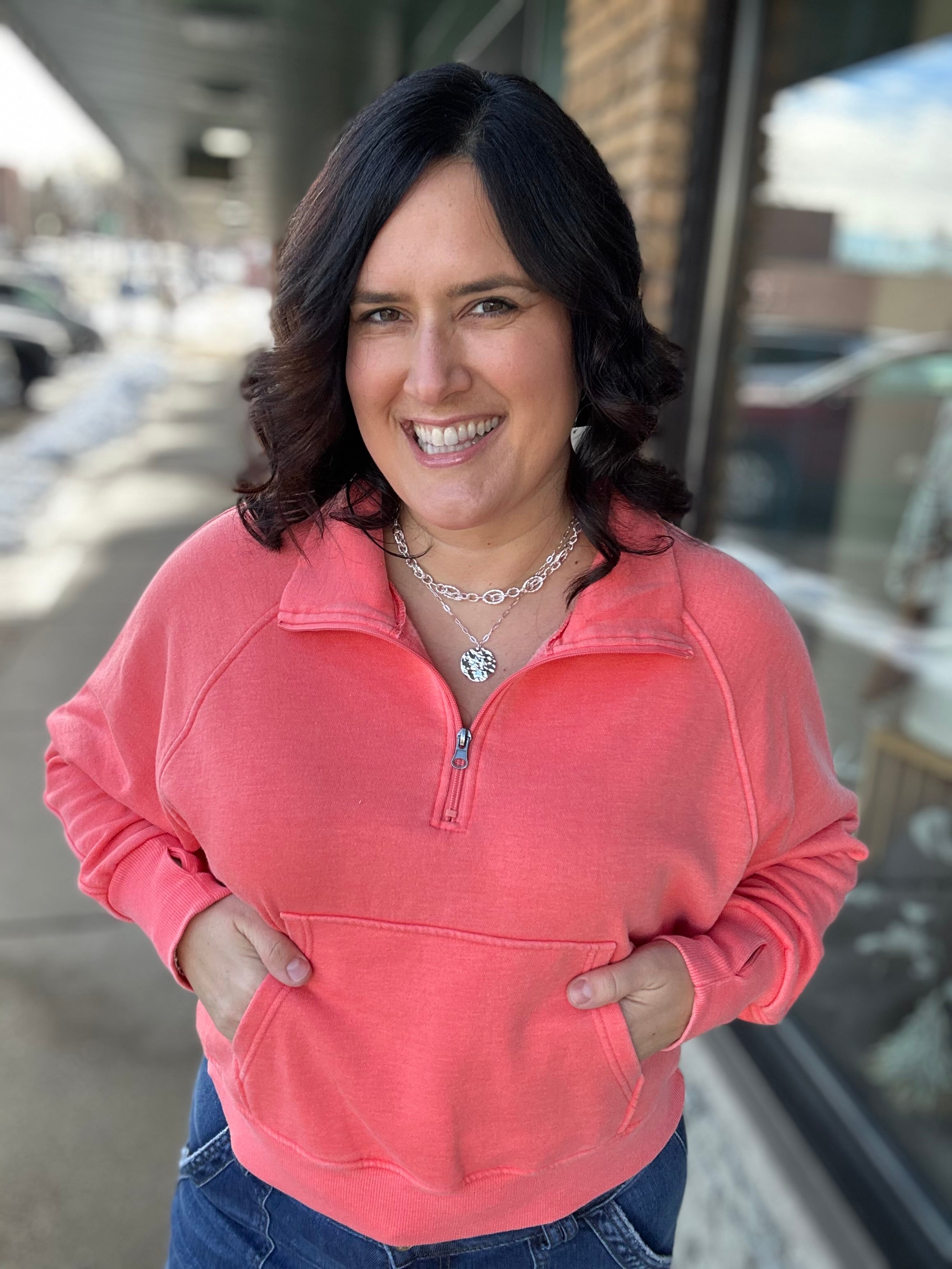 Coral Quarter Zip Sweatshirt Top - Sweatshirt PANACHE