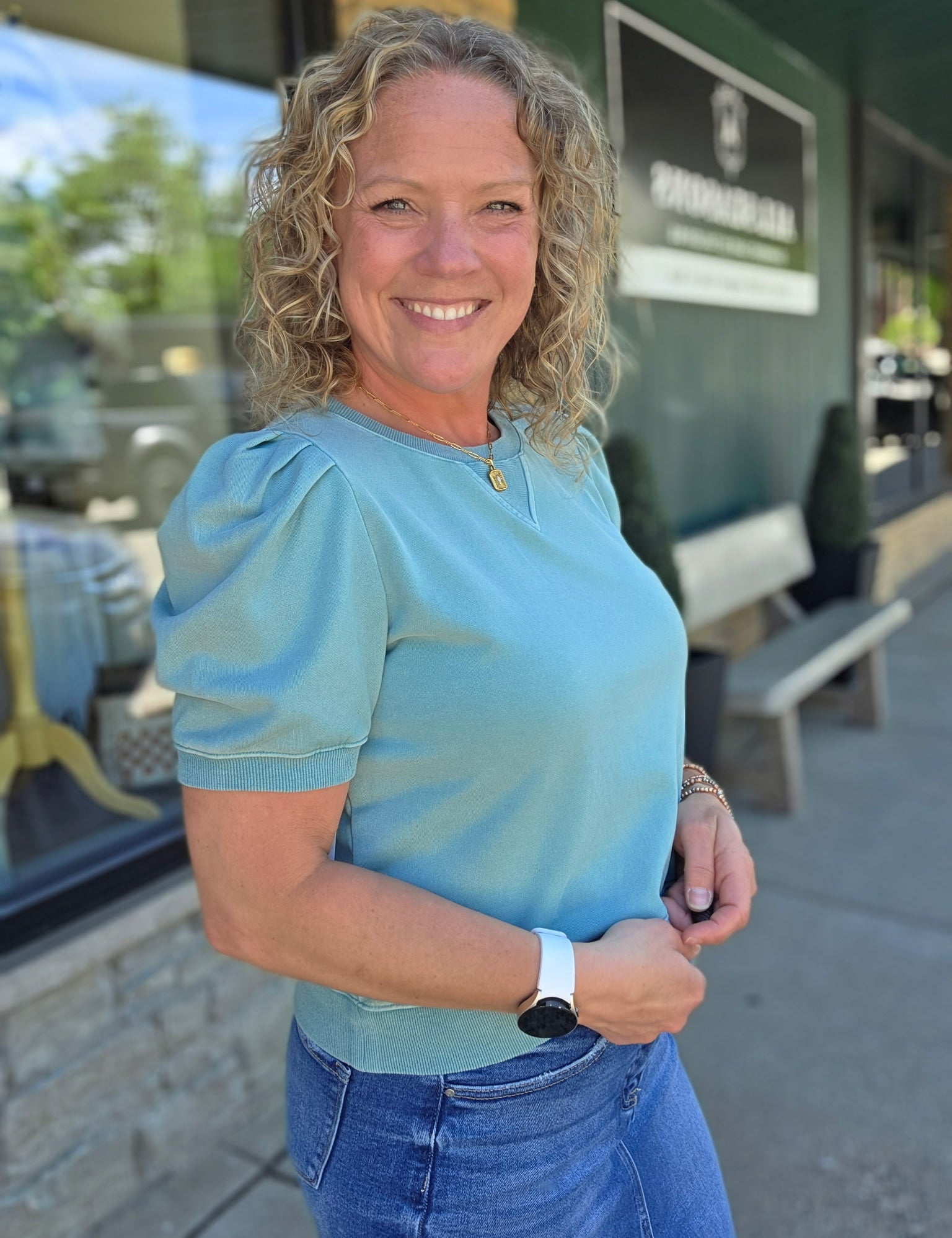 Teal Bubble Sleeve Crew Neck Top Tops- Sweatshirt FATE by LFD