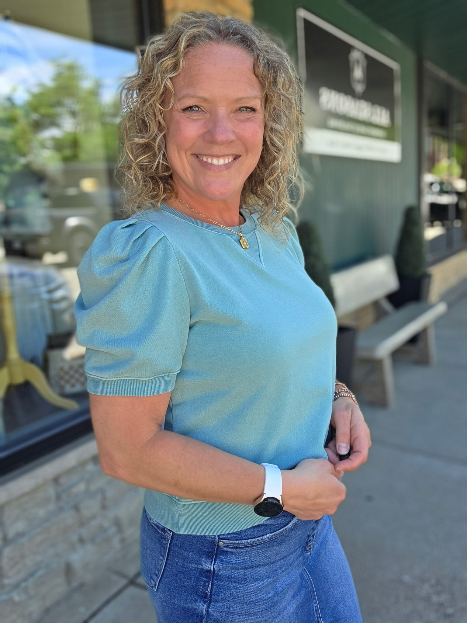 Teal Bubble Sleeve Crew Neck Top Tops- Sweatshirt FATE by LFD