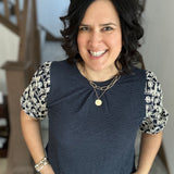 Navy Floral Embroidered Sleeve Top