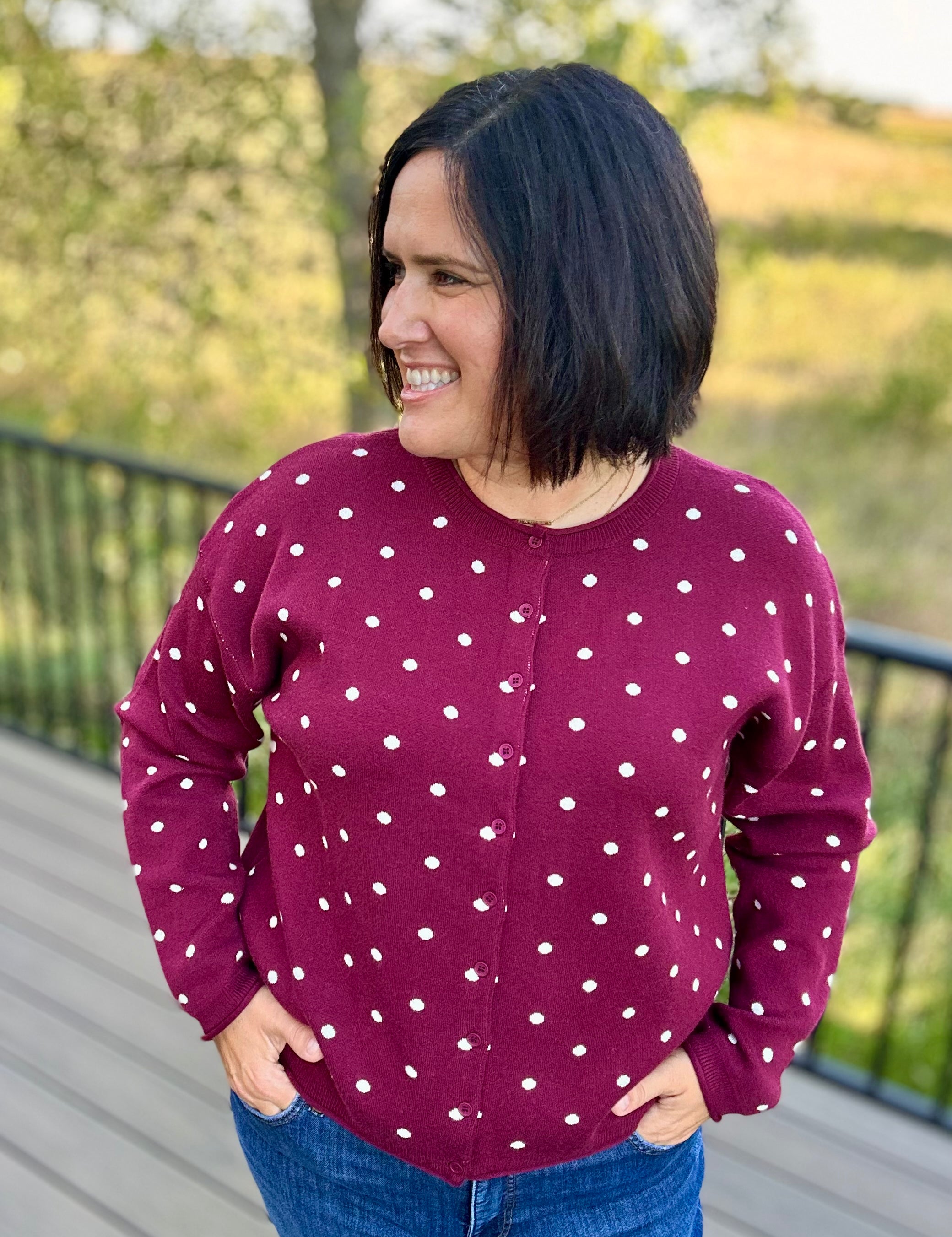 Burgundy Polka Dot Button Front Cardigan Tops- Cardigans Pologram