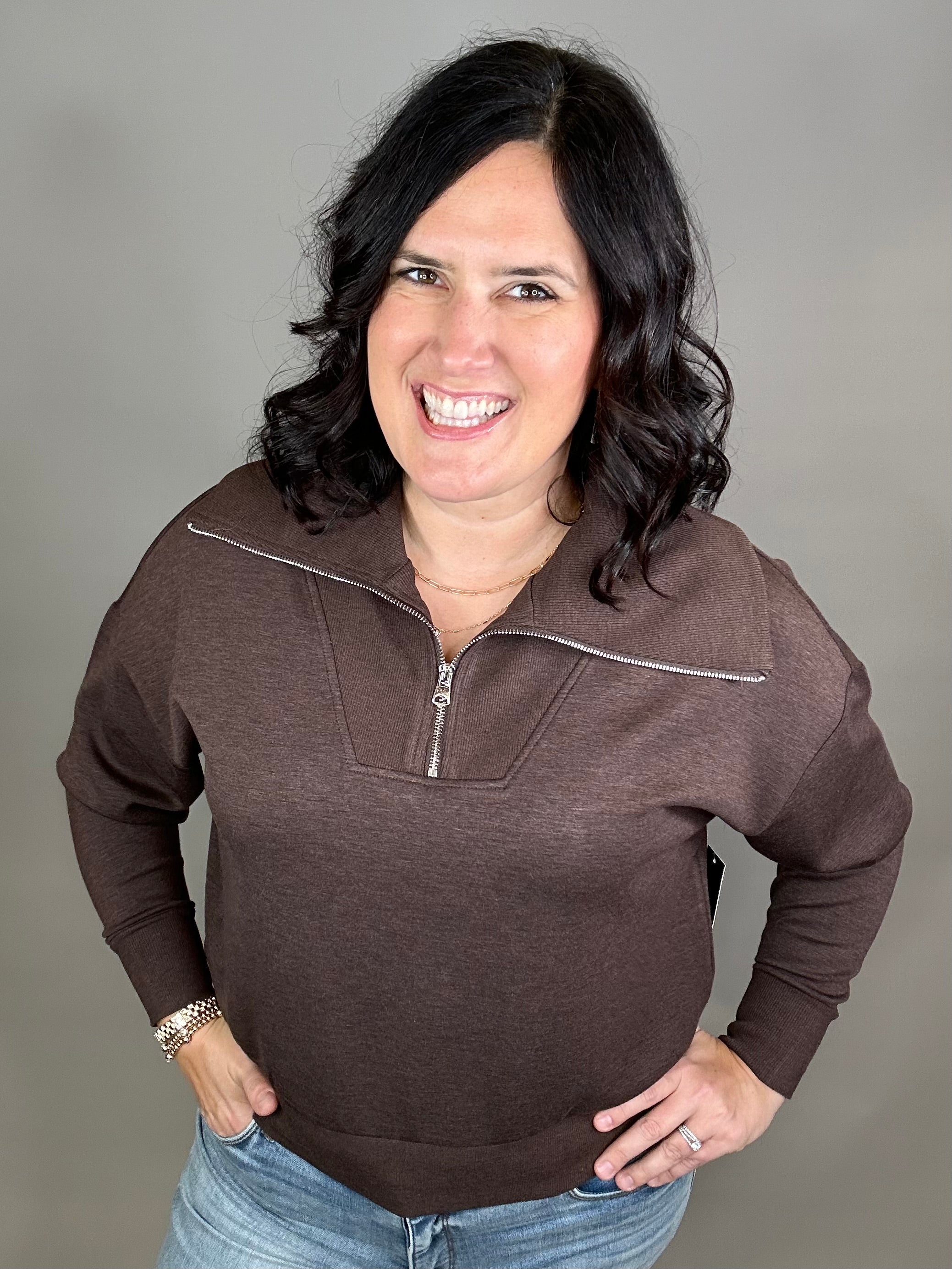 Umber Mel Luxe Half Zip Pullover Top - Sweatshirt RD International