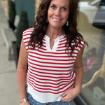 Ivory & Red Split Neck Sweater Top - Sweater STACCATO
