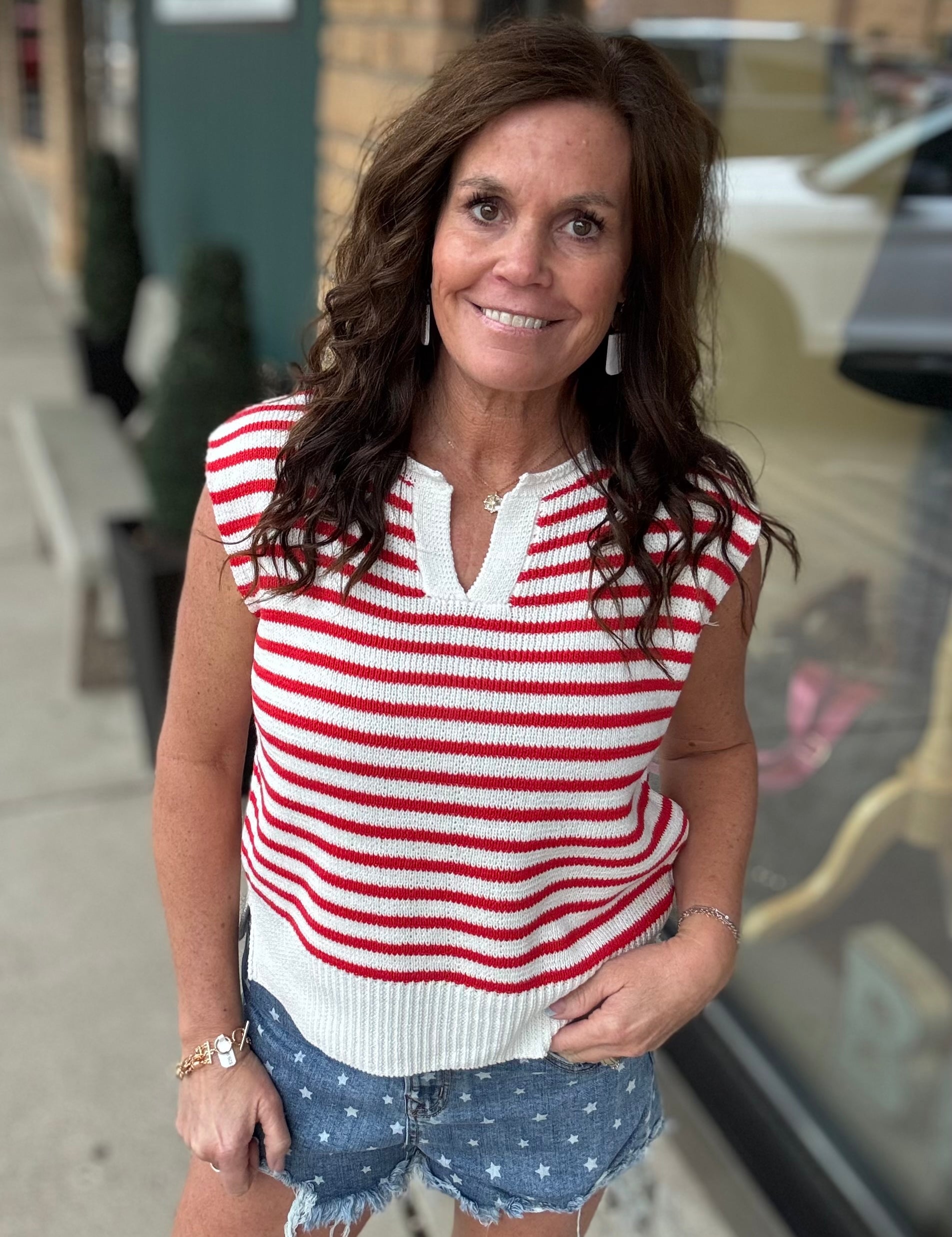 Ivory & Red Split Neck Sweater Top - Sweater STACCATO