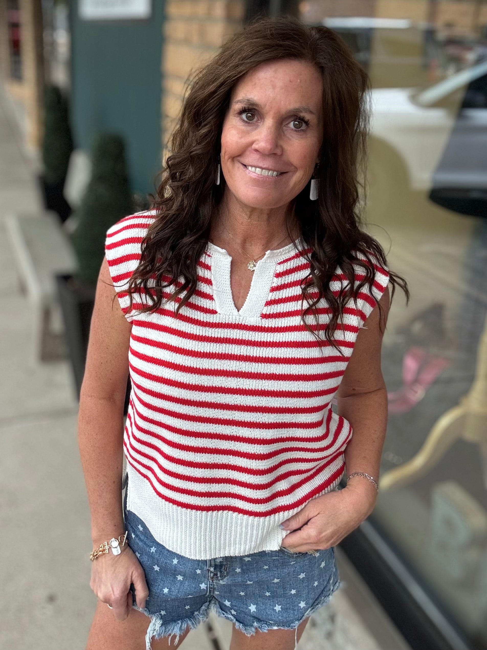 Ivory & Red Split Neck Sweater Top - Sweater STACCATO