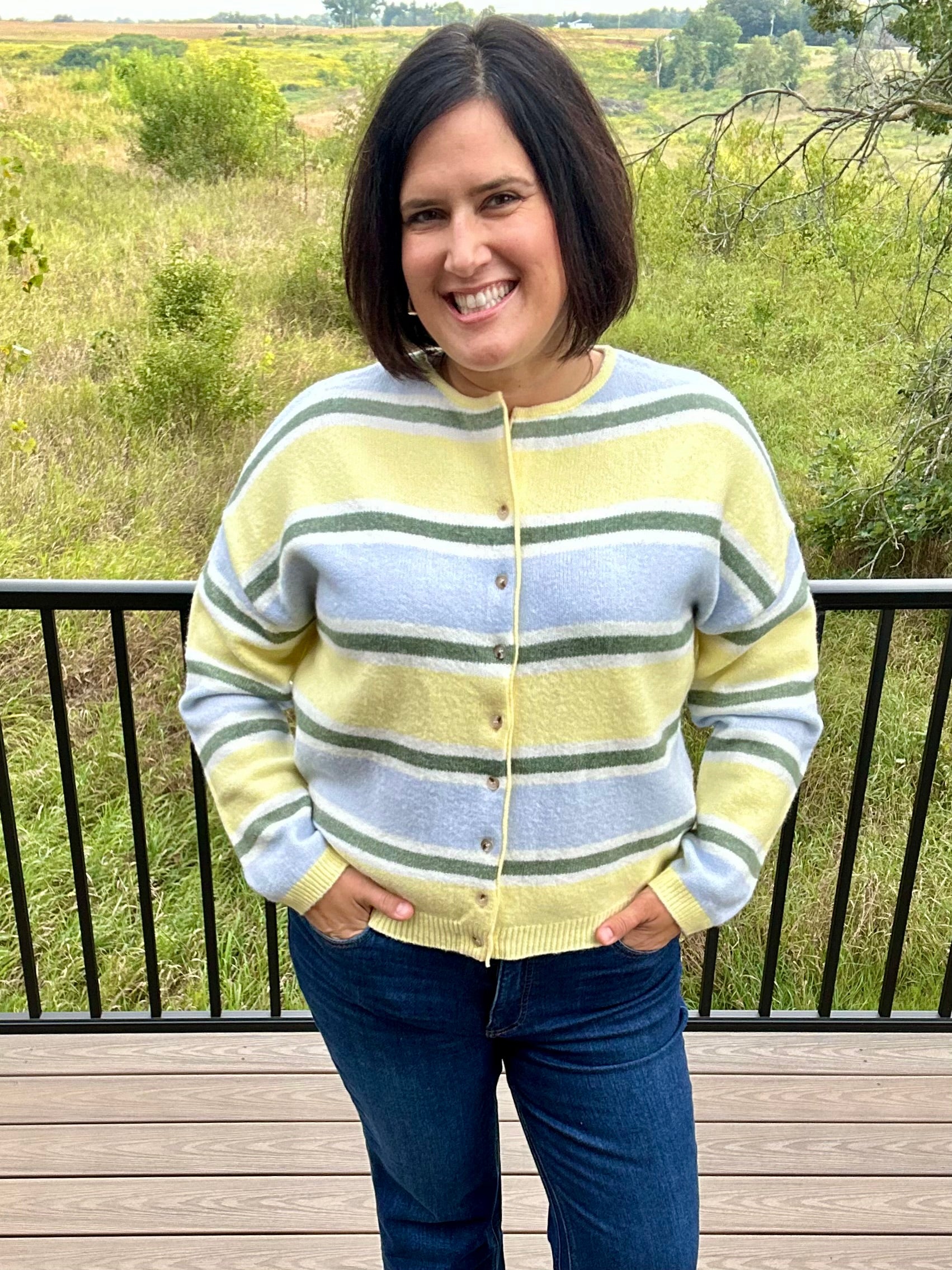 Butter Blue Sage Stripe Cardigan Tops- Cardigans Le Lis