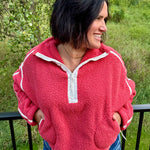 Washed Cherry Sherpa Quarter Zip Pullover Top - Sweatshirt MIOU MUSE