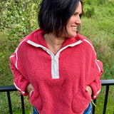 Washed Cherry Sherpa Quarter Zip Pullover Top - Sweatshirt MIOU MUSE