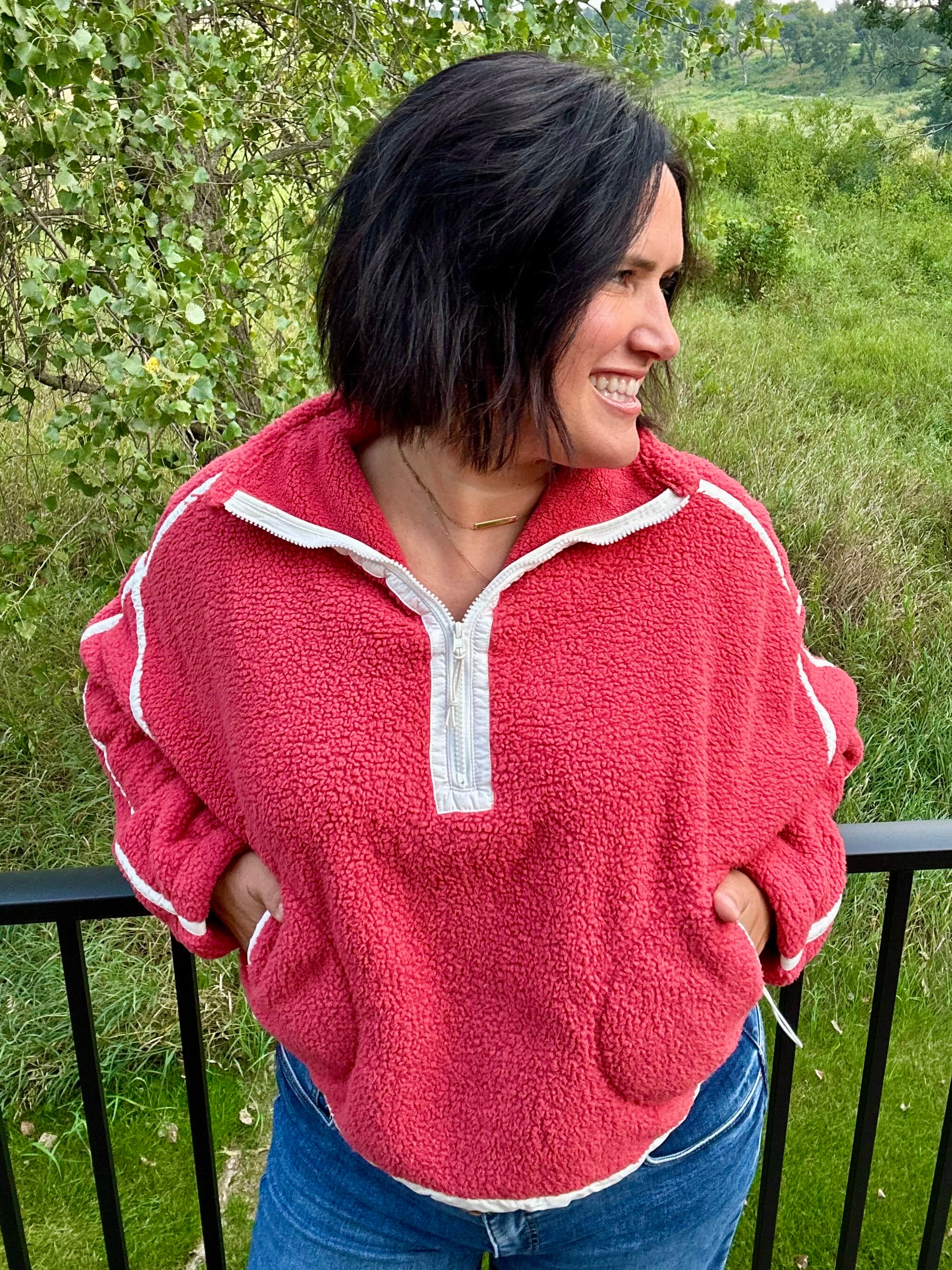 Washed Cherry Sherpa Quarter Zip Pullover Top - Sweatshirt MIOU MUSE
