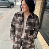 Brown Plaid Shirt Collar Button Front Long Coat Outerwear- Jackets HEM & THREAD