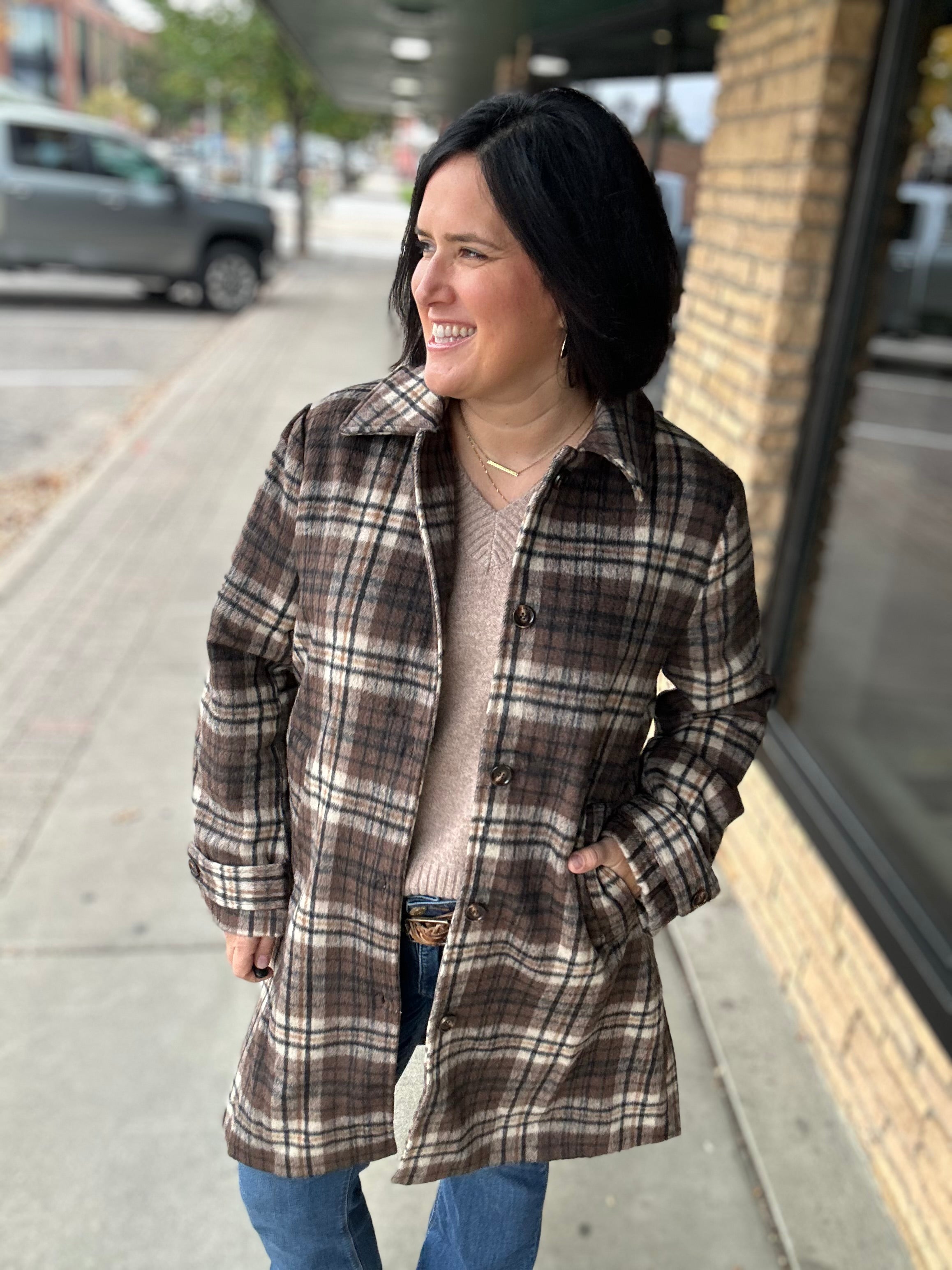 Brown Plaid Shirt Collar Button Front Long Coat Outerwear- Jackets HEM & THREAD