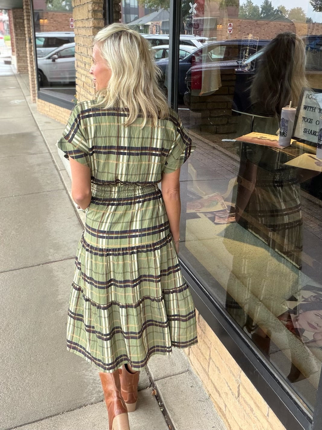 Short Sleeve Cinched Plaid Dress THML