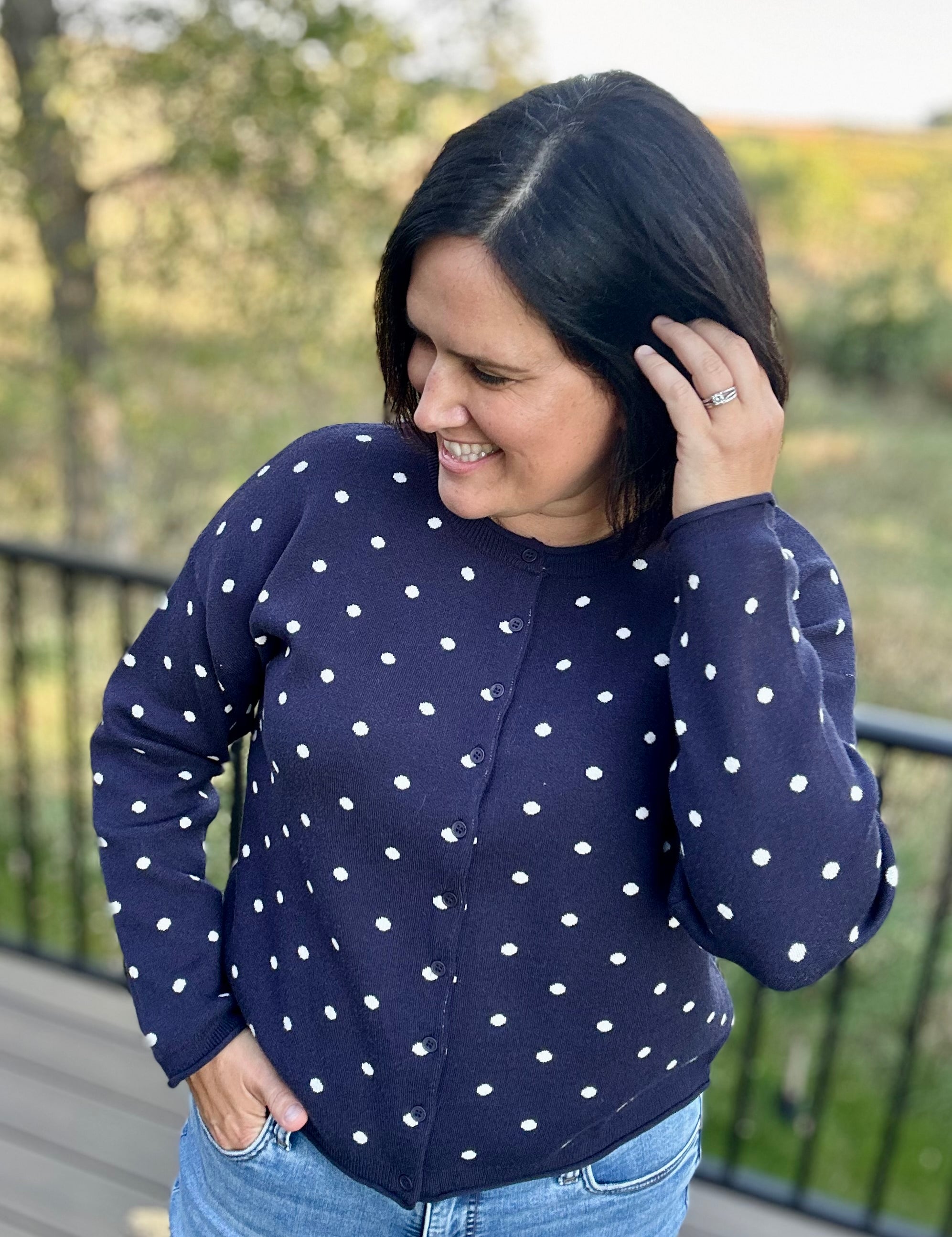 Navy Polka Dot Button Front Cardigan Tops- Cardigans Pologram