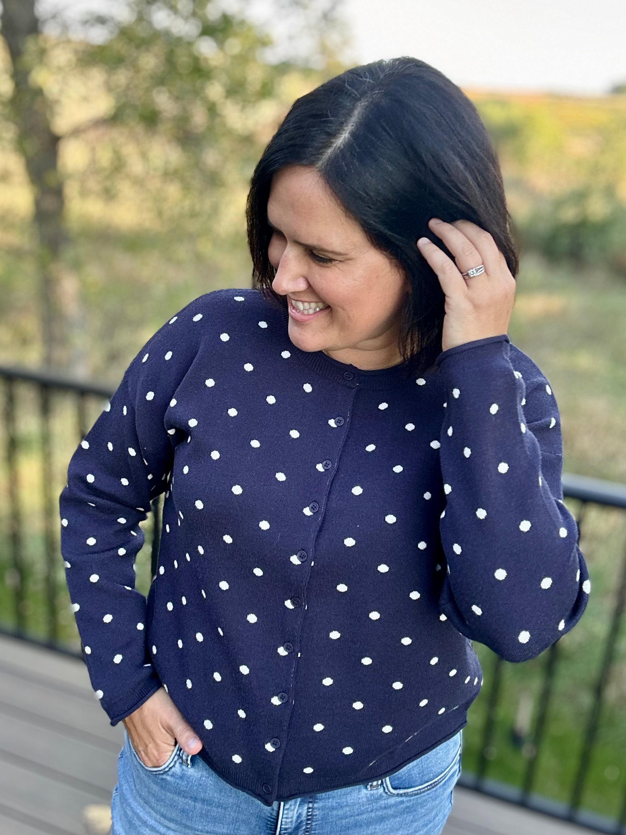 Navy Polka Dot Button Front Cardigan Tops- Cardigans Pologram