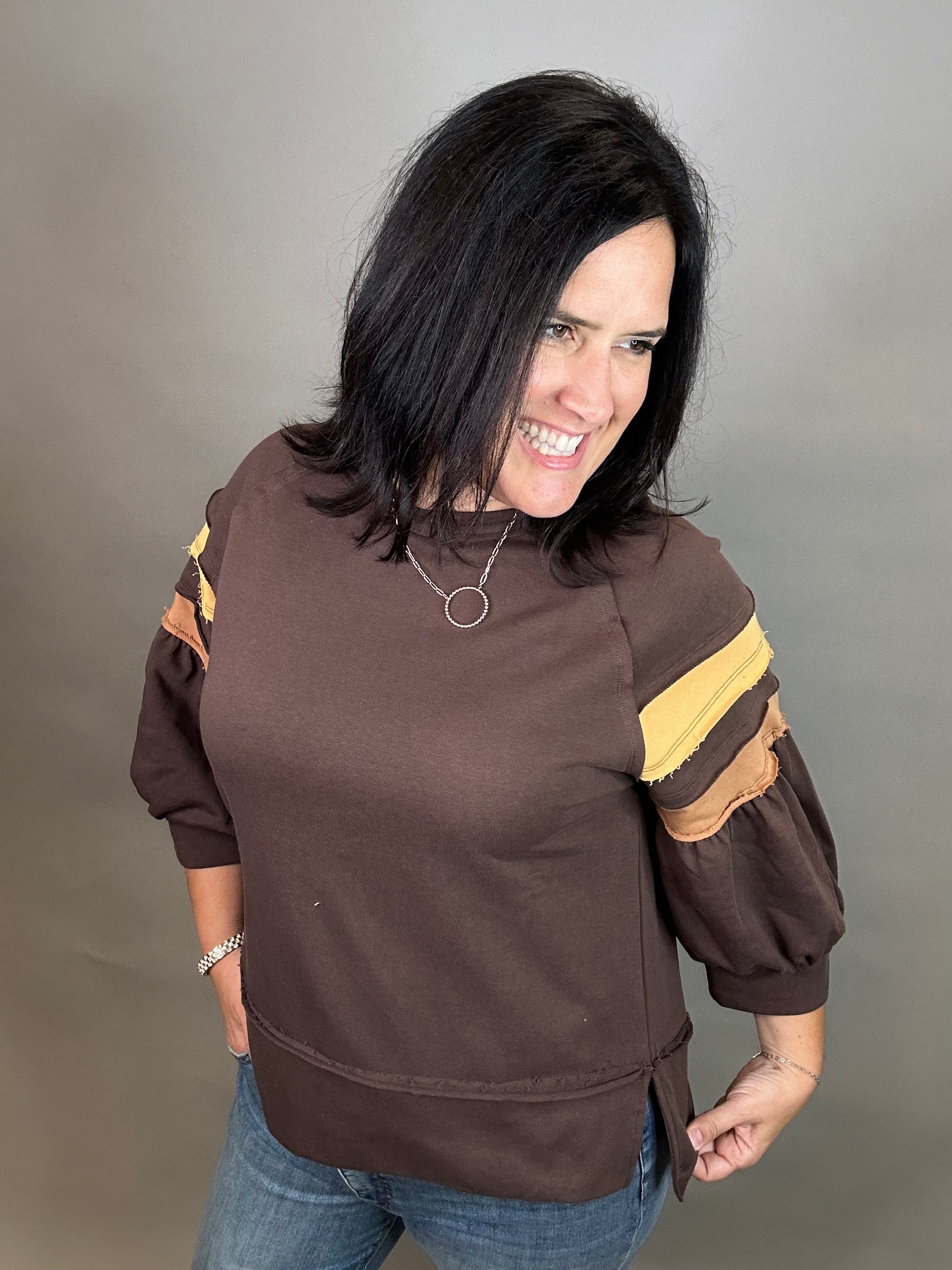Brown Puff Striped Sleeve Top Top - Sweatshirt JODIFL