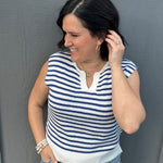 Ivory & Blue Split Neck Sweater Top - Sweater STACCATO