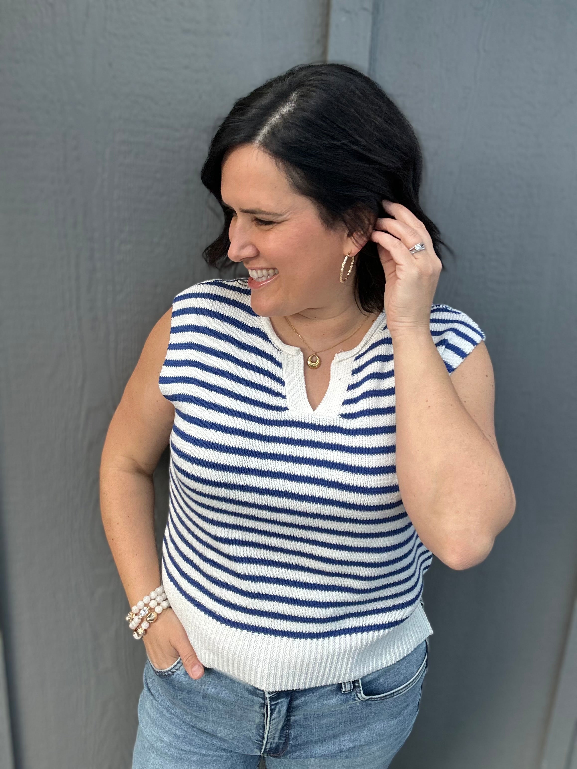 Ivory & Blue Split Neck Sweater Top - Sweater STACCATO