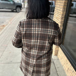Brown Plaid Shirt Collar Button Front Long Coat Outerwear- Jackets HEM & THREAD