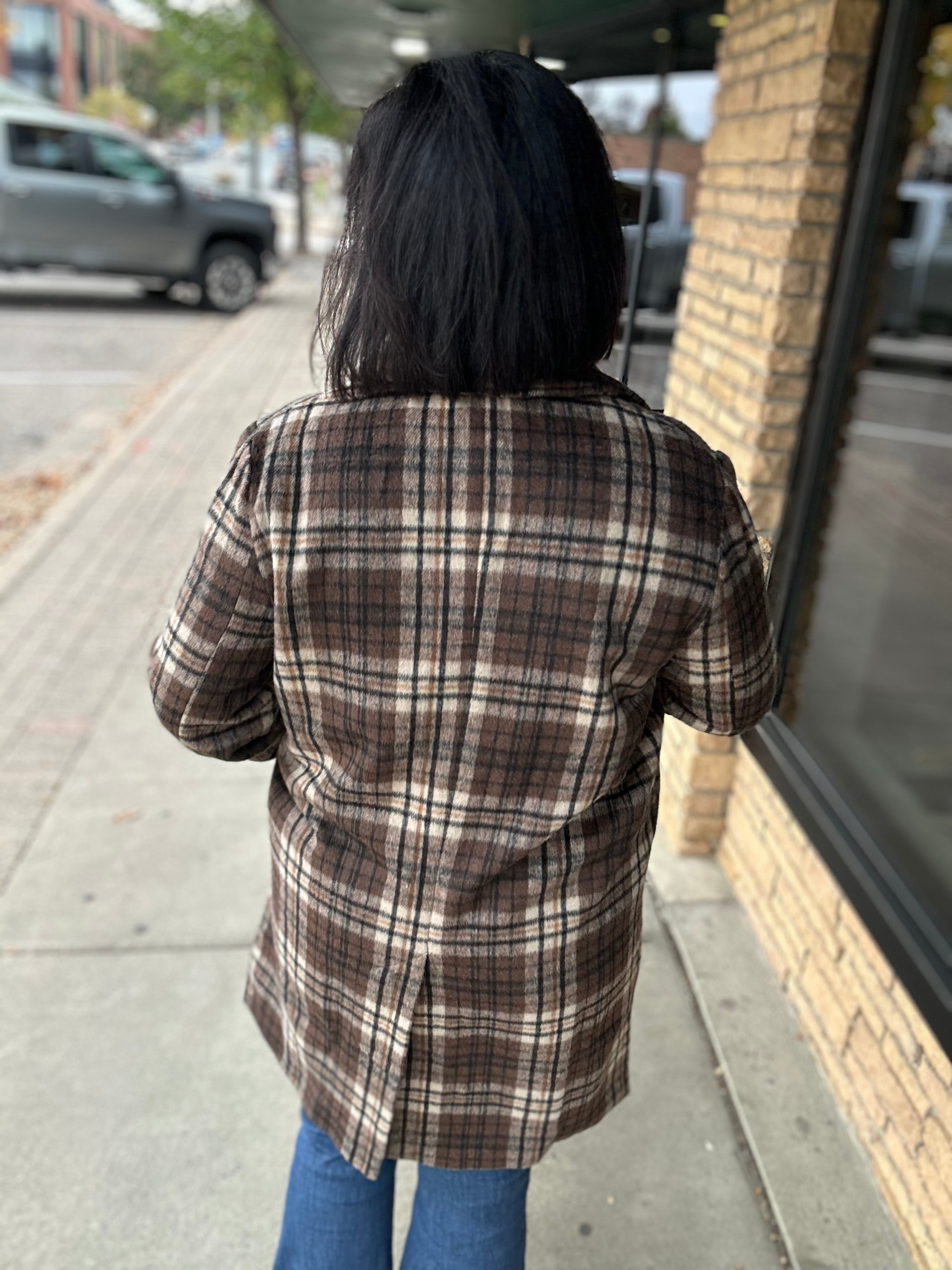 Brown Plaid Shirt Collar Button Front Long Coat Outerwear- Jackets HEM & THREAD