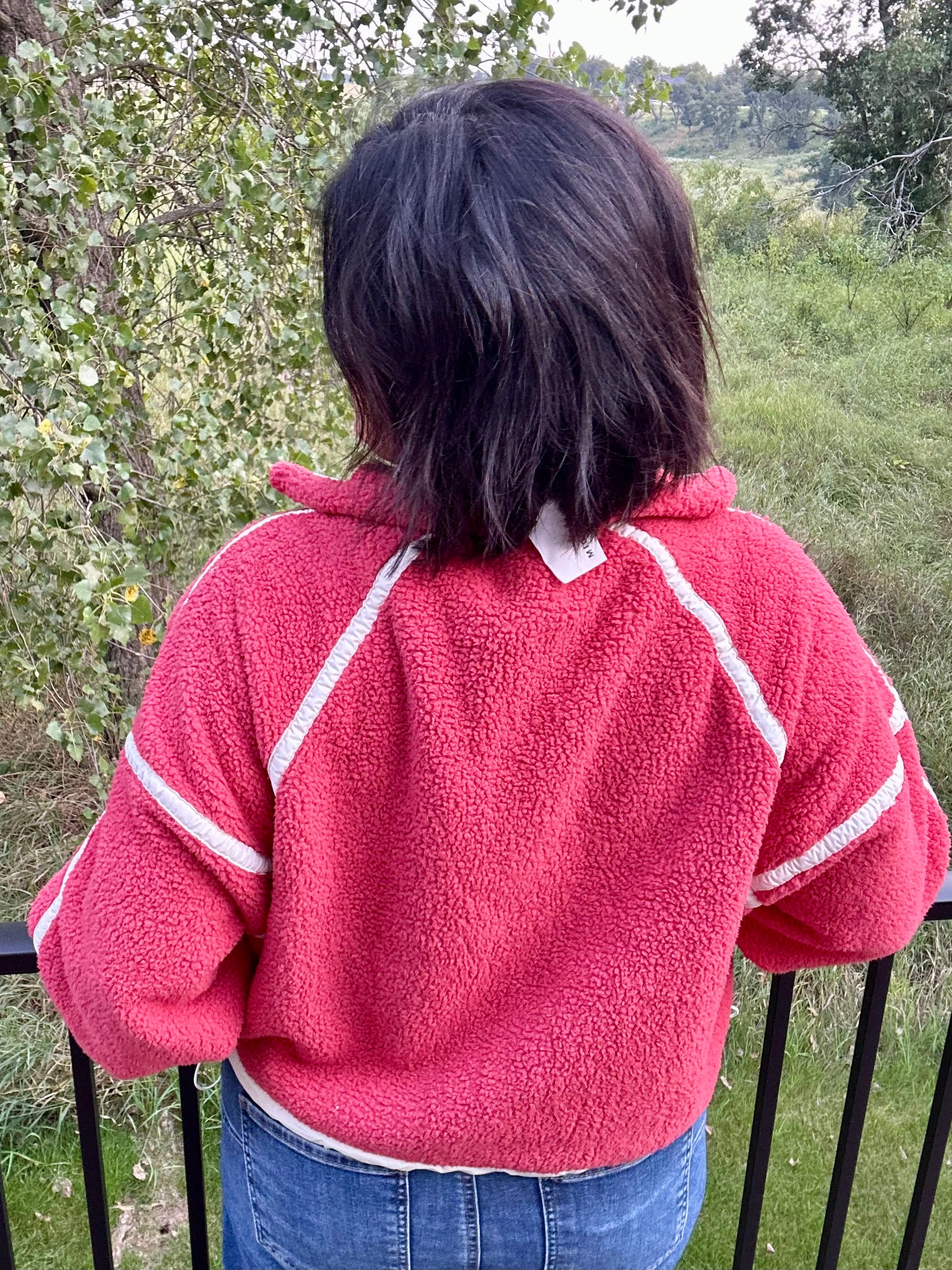 Washed Cherry Sherpa Quarter Zip Pullover Top - Sweatshirt MIOU MUSE