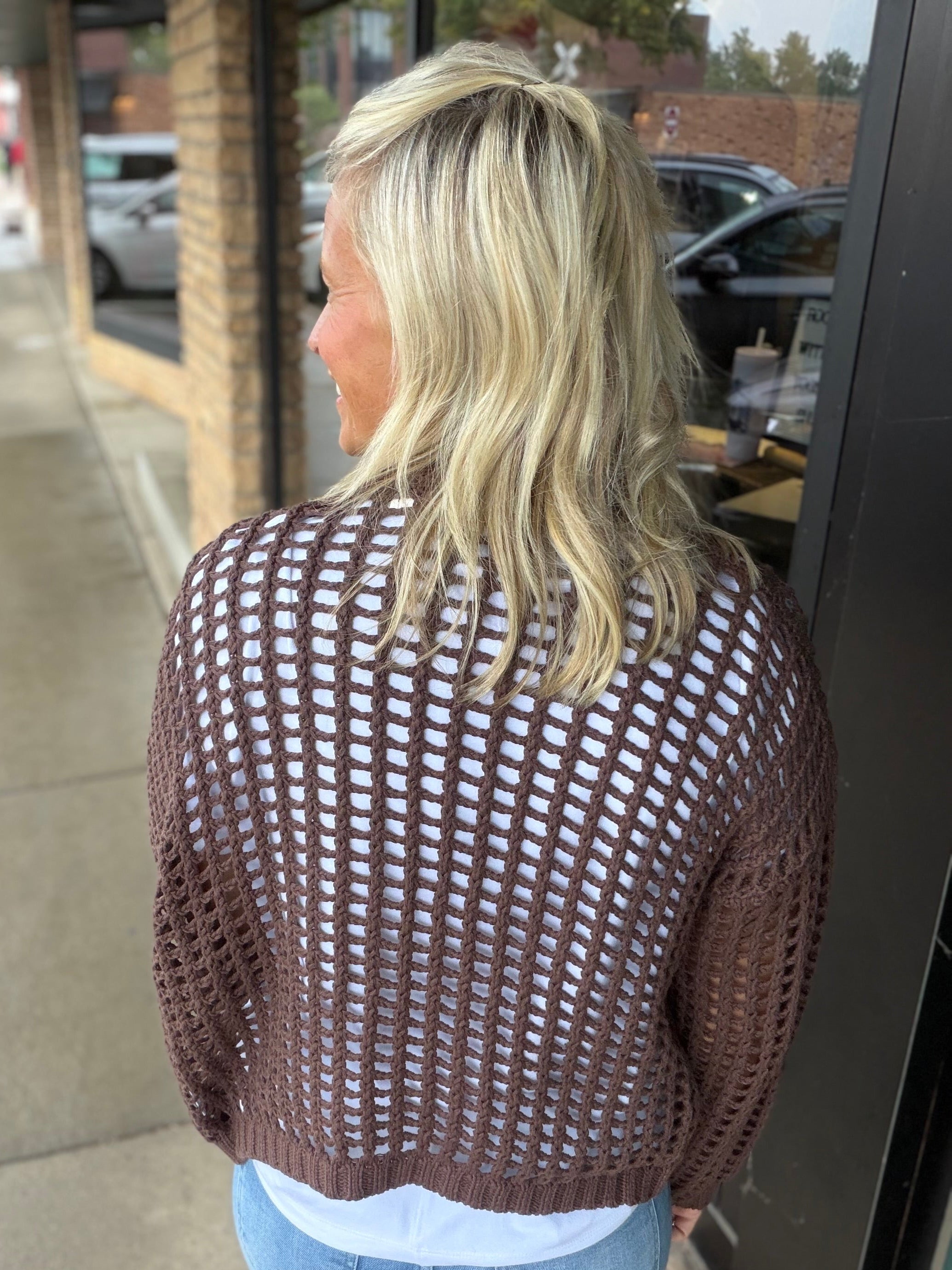 Espresso Crochet Open Cardigan DOE & RAE