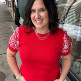 Red Ribbed Floral Eyelet Sleeve Top