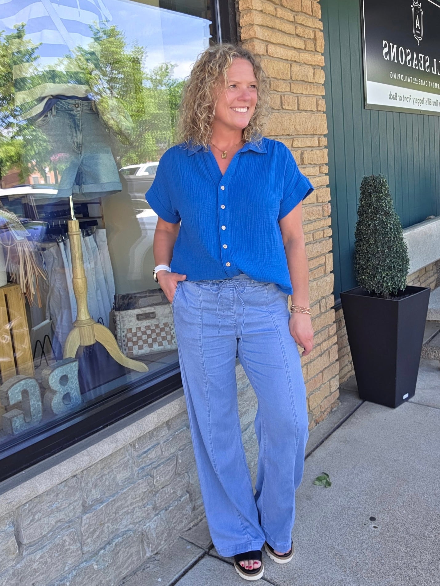 Blue Gauze Button Down Top Tops - Button Ups COZY CO.