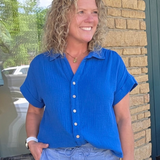 Blue Gauze Button Down Top Tops - Button Ups COZY CO.