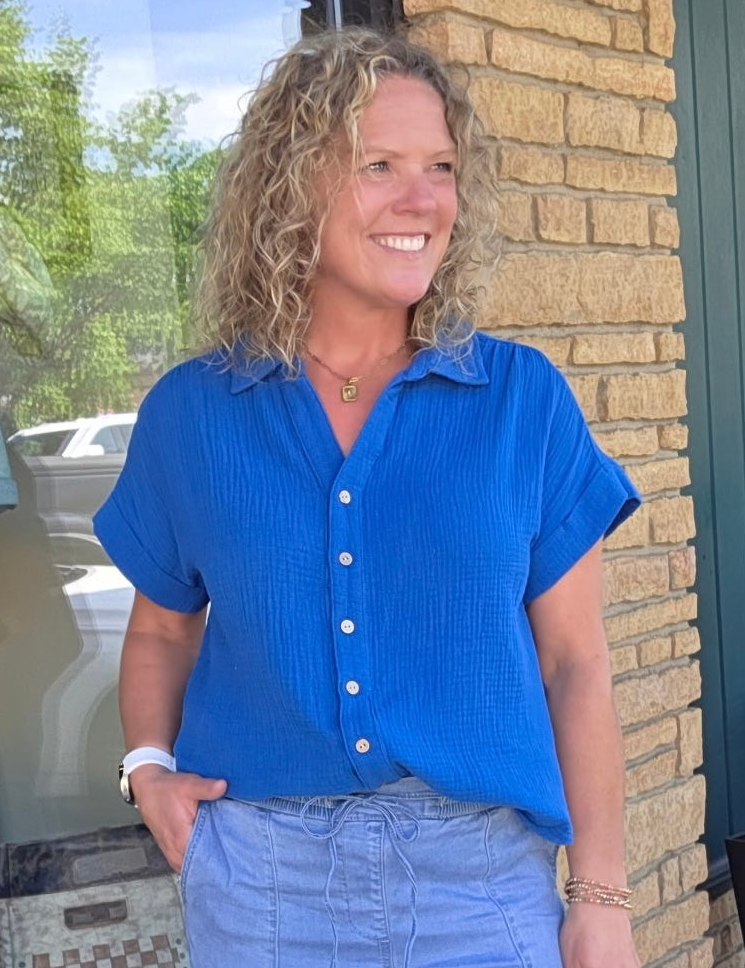 Blue Gauze Button Down Top Tops - Button Ups COZY CO.