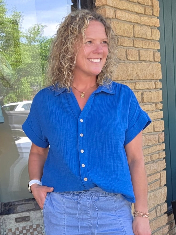 Blue Gauze Button Down Top Tops - Button Ups COZY CO.