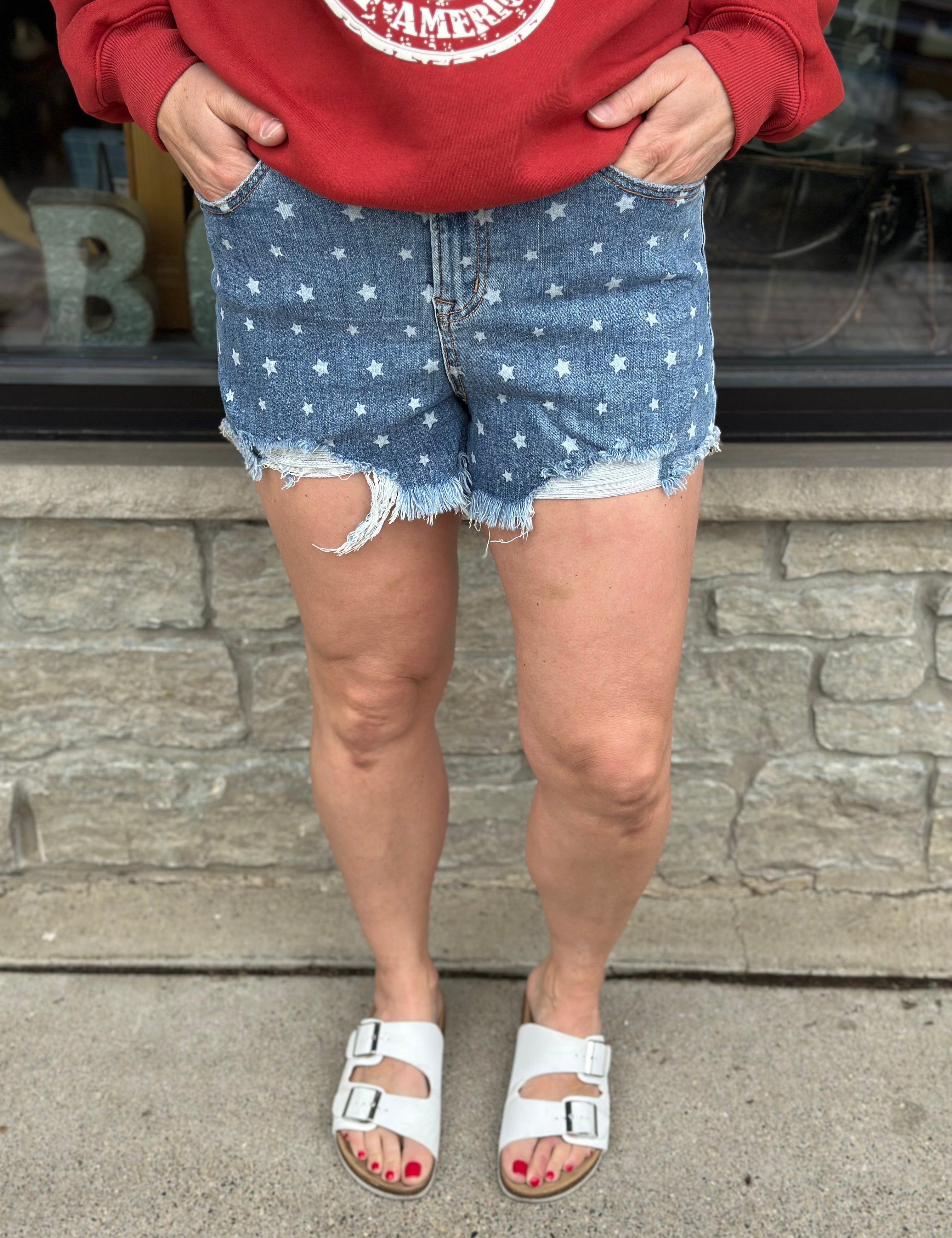High Rise Raw Hem Star Shorts Bottoms - Shorts MICA DENIM