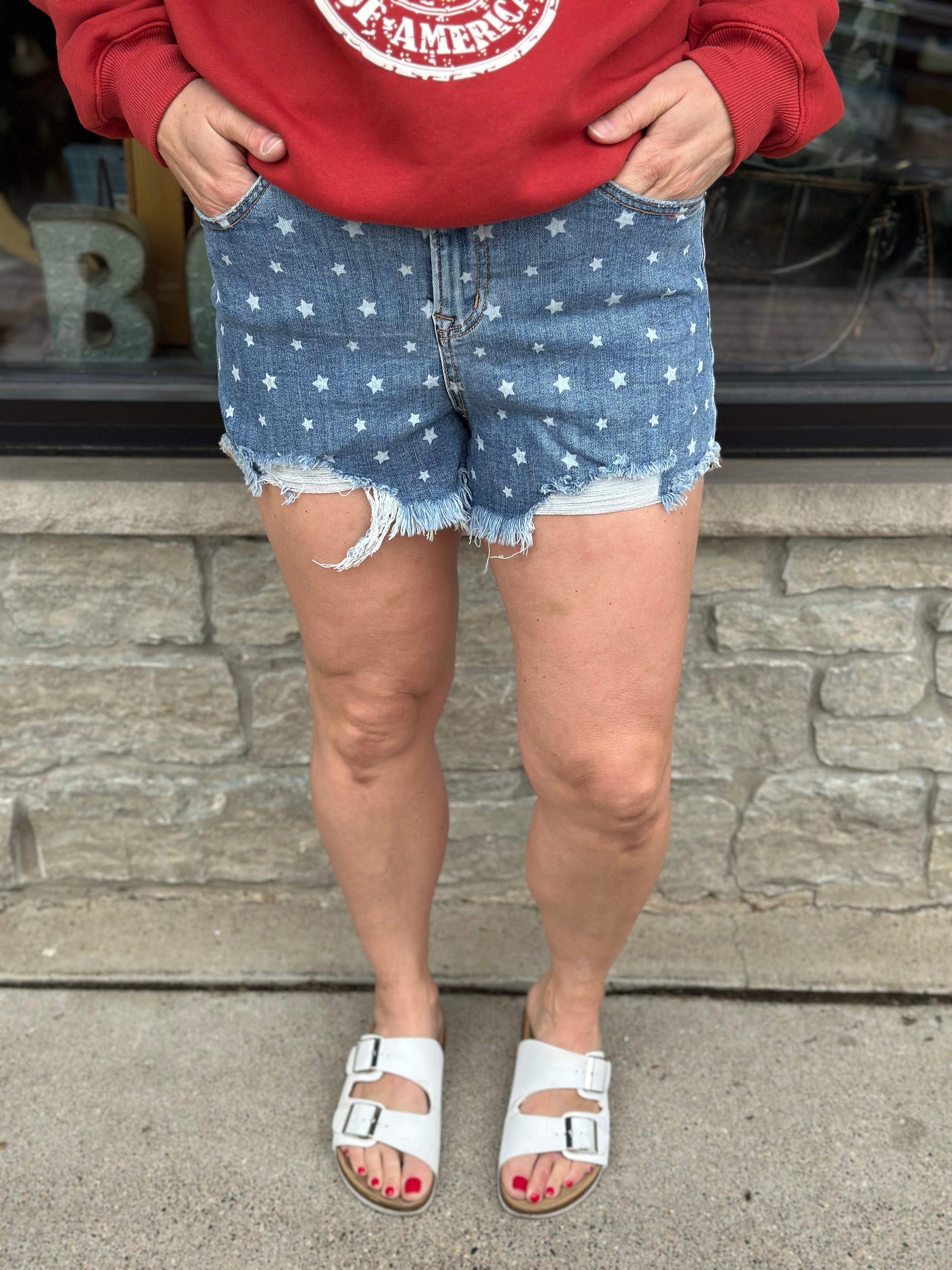 High Rise Raw Hem Star Shorts Bottoms - Shorts MICA DENIM