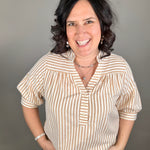 Tan Striped Puff Sleeve Pullover Top Tops- Blouses DOE & RAE