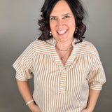 Tan Striped Puff Sleeve Pullover Top Tops- Blouses DOE & RAE