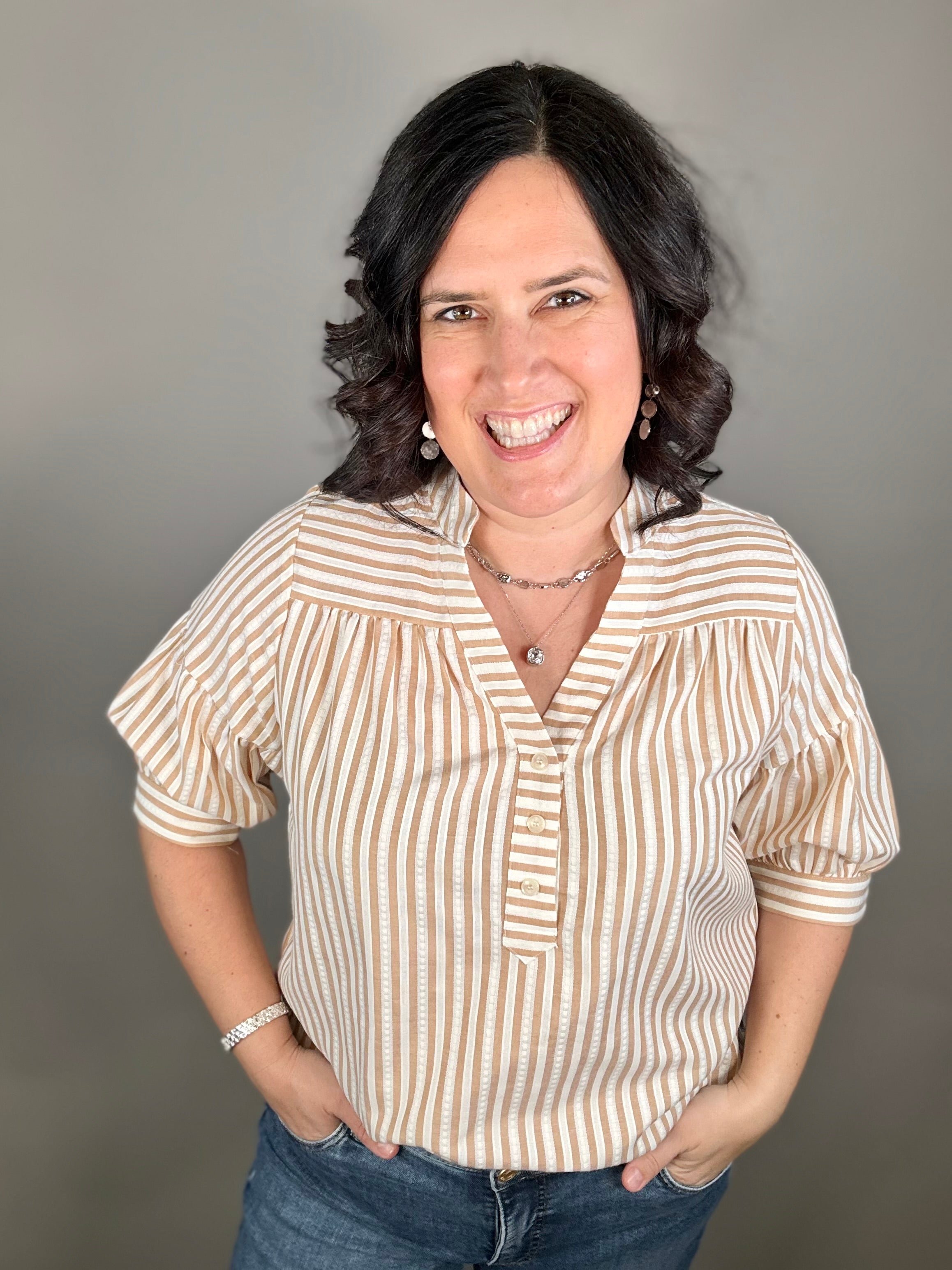 Tan Striped Puff Sleeve Pullover Top Tops- Blouses DOE & RAE