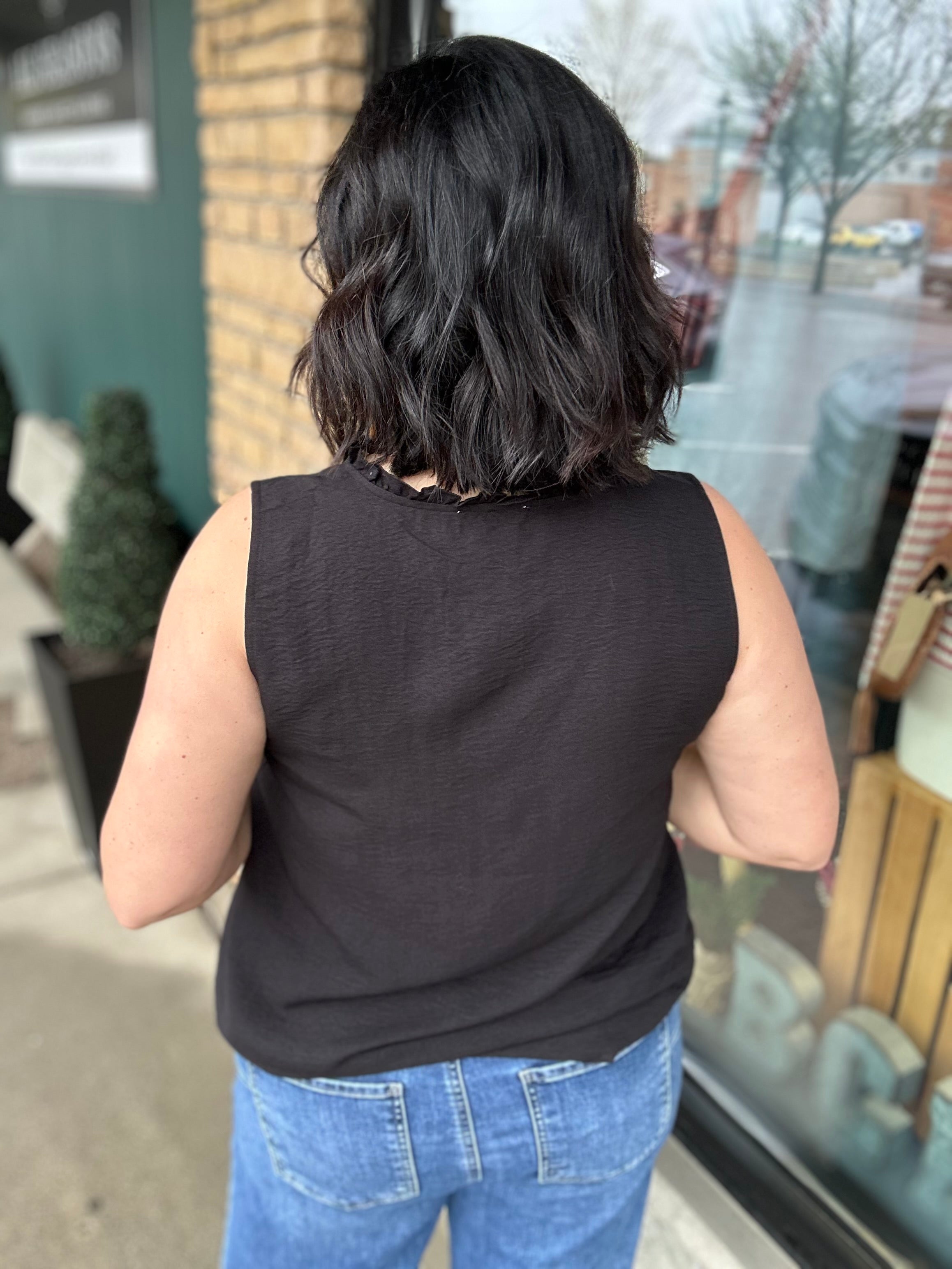 Black Ruffle V Neck Sleeveless Tops- Blouses STACCATO