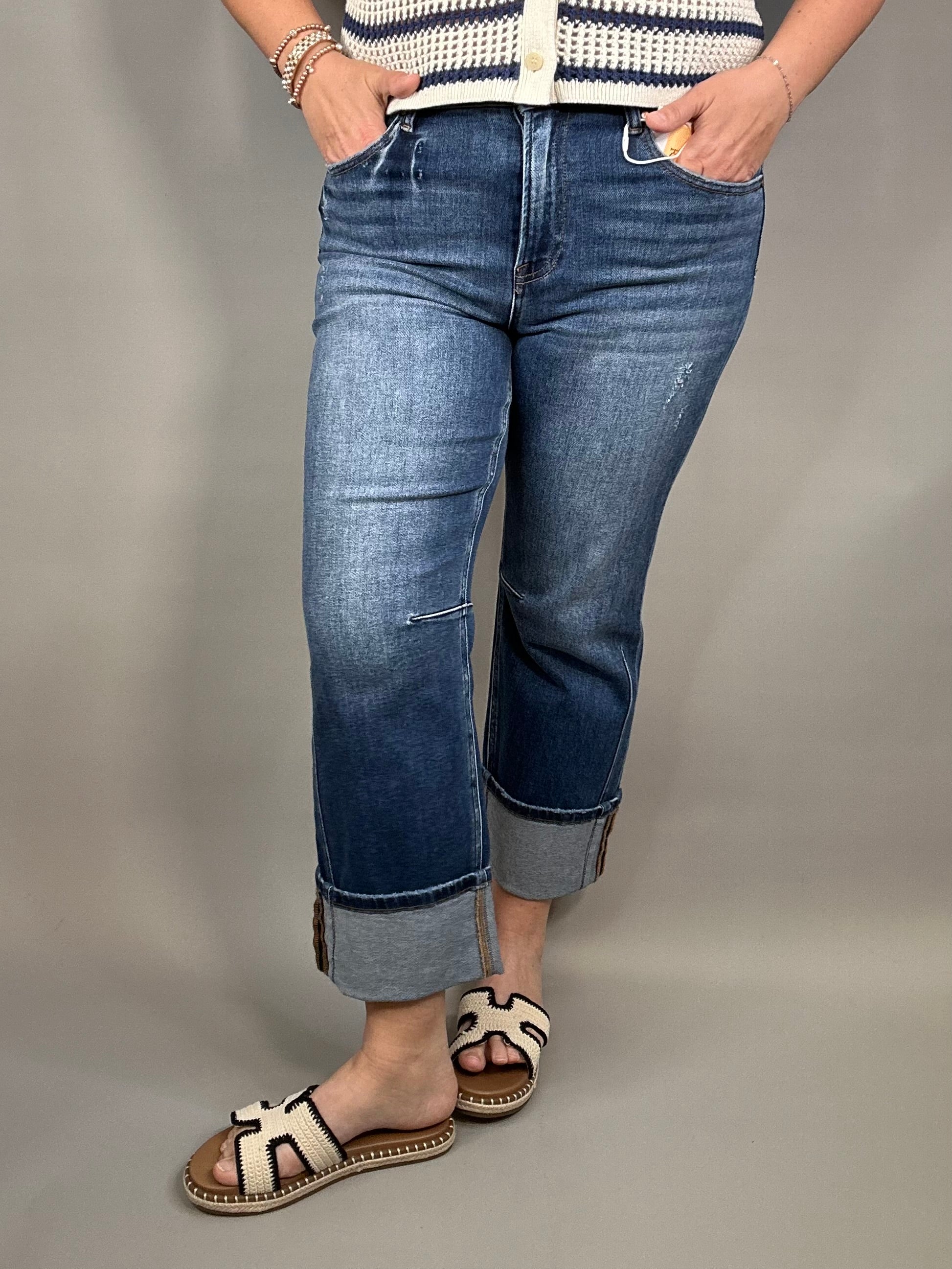 Dark High Rise Straight Cuff Hem Jeans Bottoms - Pants RISEN