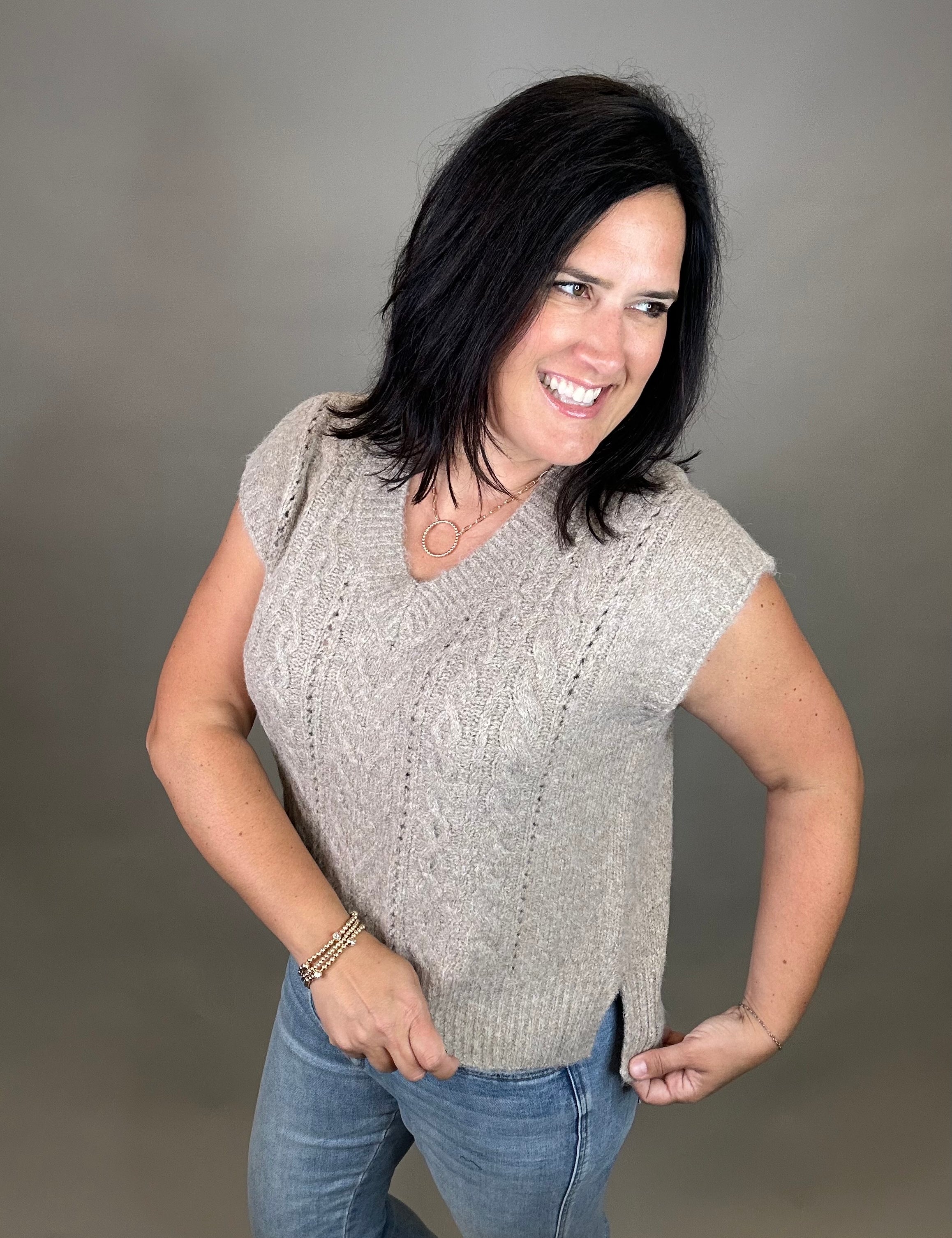 Mocha Cable Knit Vest Top Top - Sweater DOE & RAE