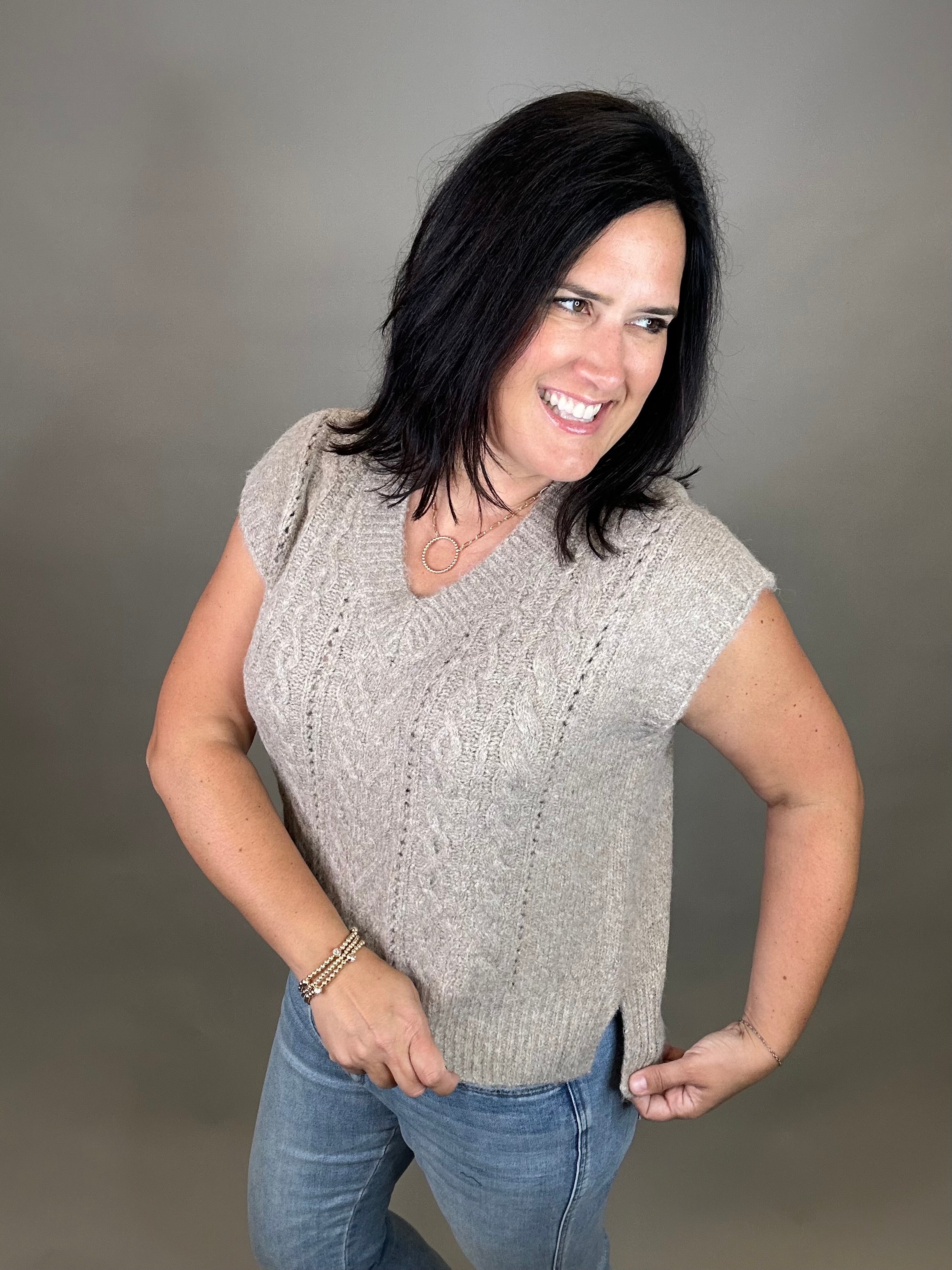 Mocha Cable Knit Vest Top Top - Sweater DOE & RAE