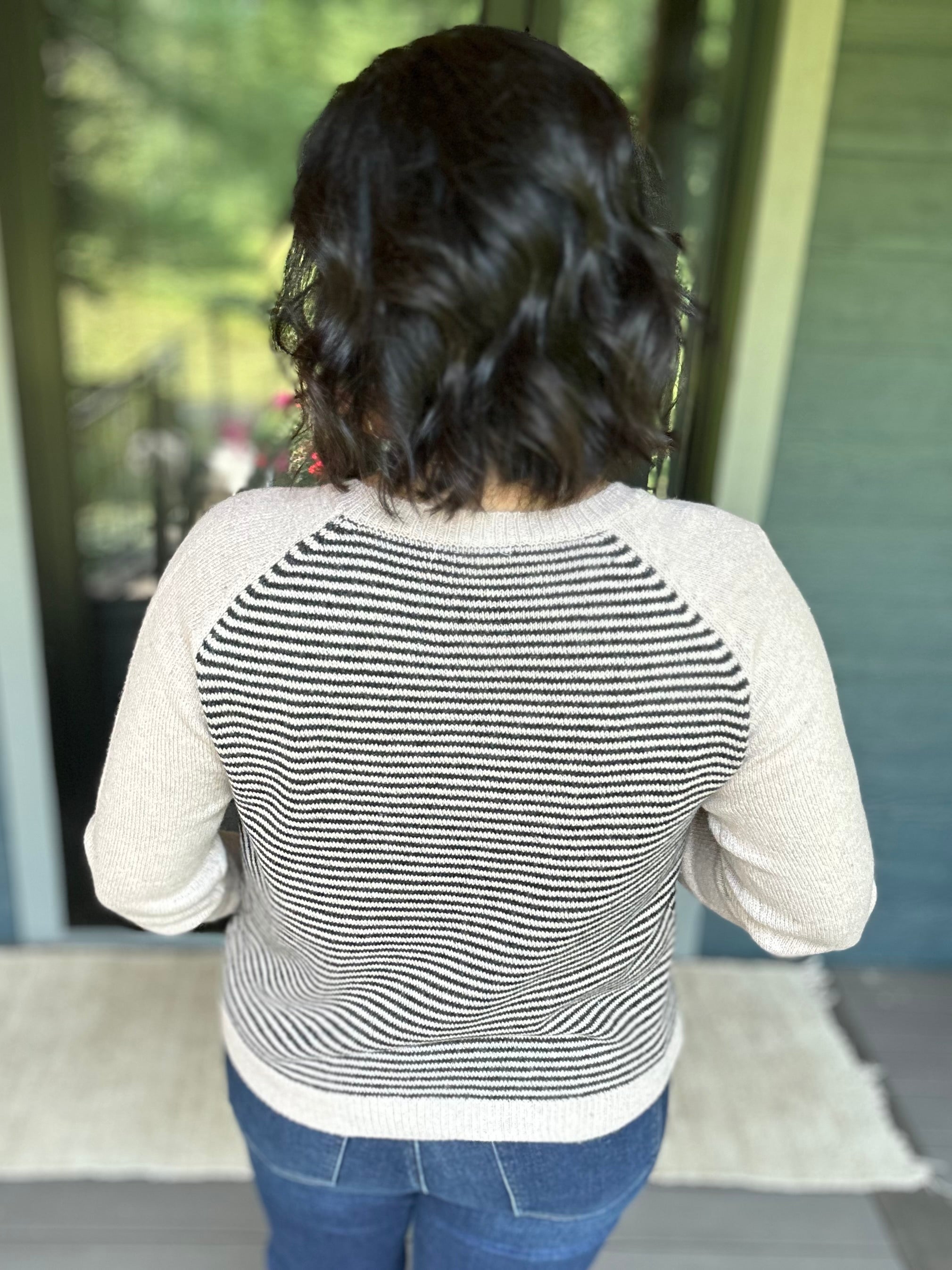 Taupe & Black Stripe Raglan Crew Sweater Top - Sweater STACCATO
