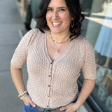 Taupe Pointelle Short-Sleeve Cardigan Top - Sweater DOE & RAE