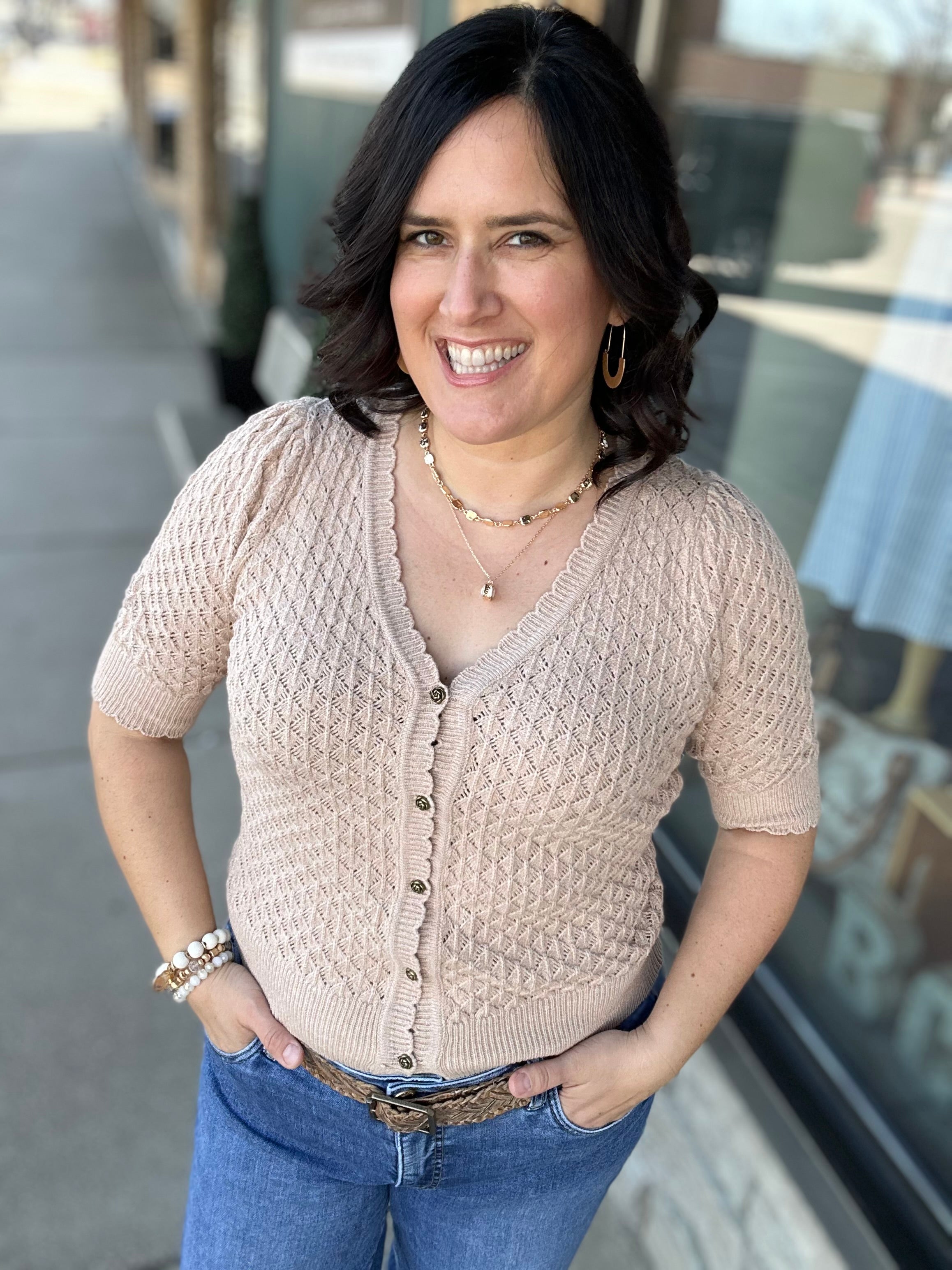 Taupe Pointelle Short-Sleeve Cardigan Top - Sweater DOE & RAE