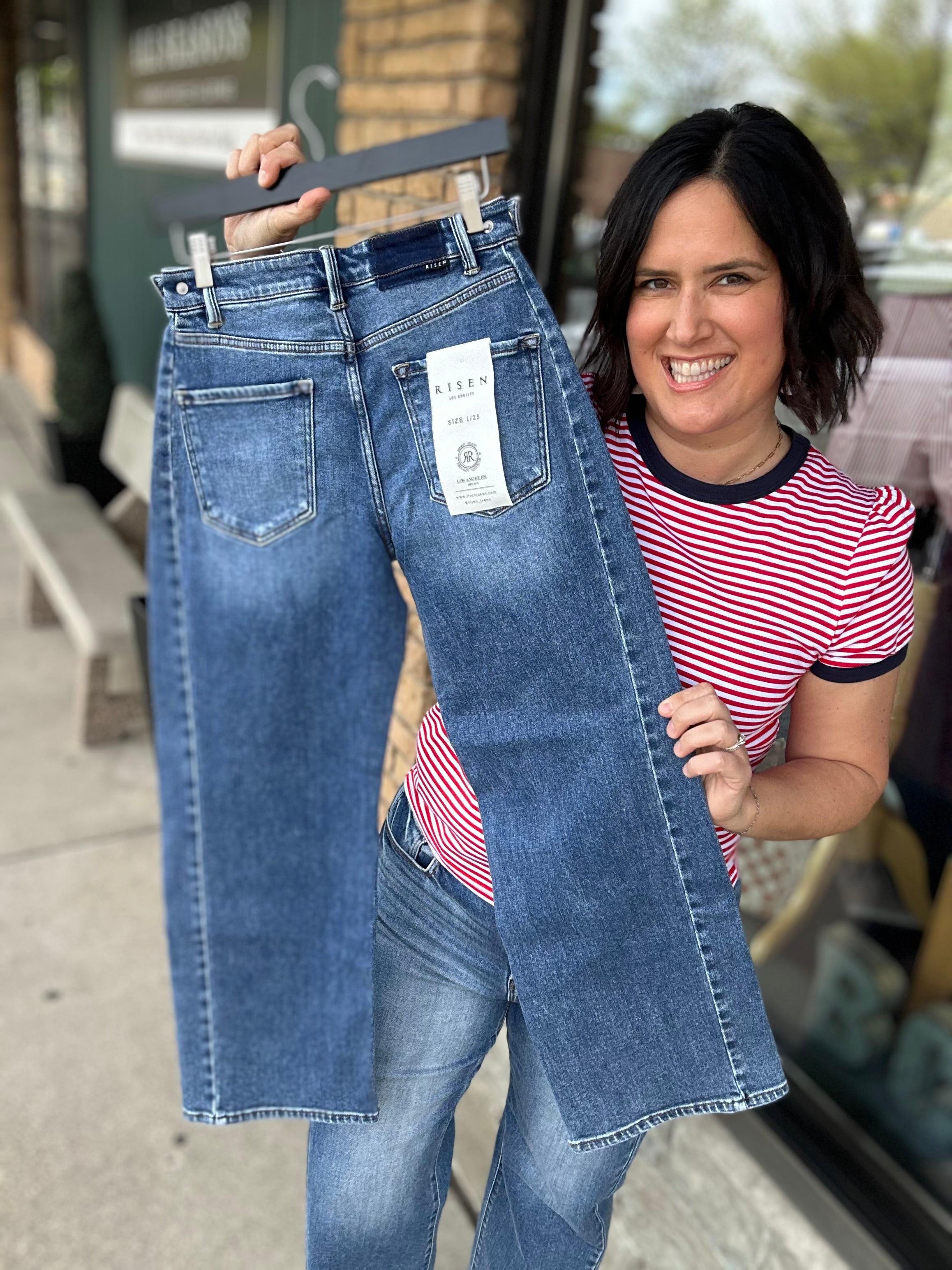 Dark High Rise Crop Barrel Jeans Bottom- Pants RISEN