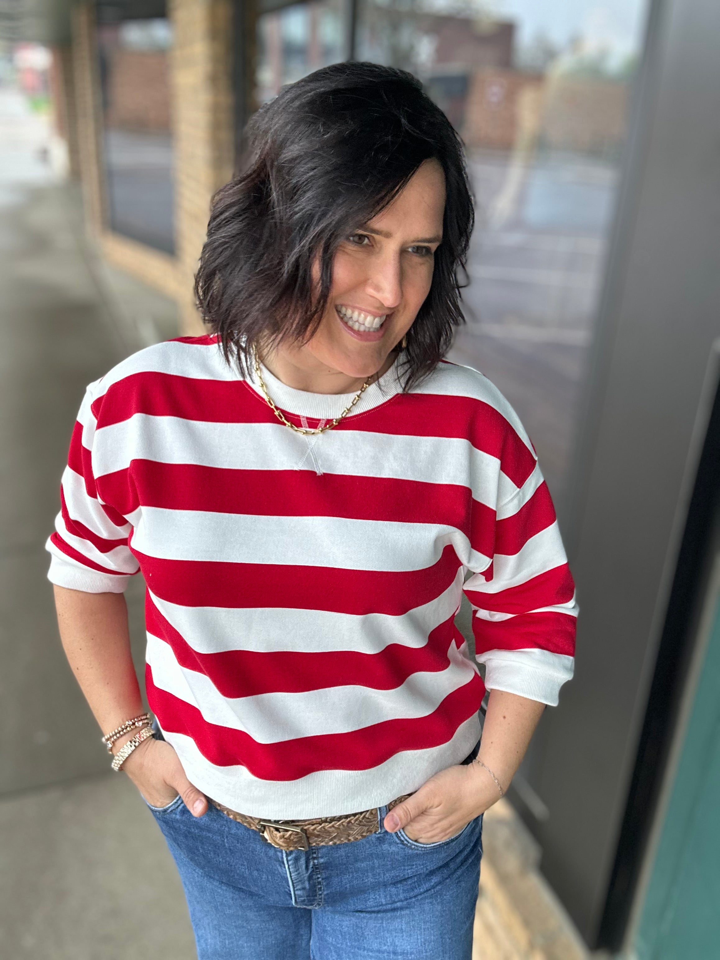 Red/White Striped Sweatshirt Top - Sweatshirt JODIFL
