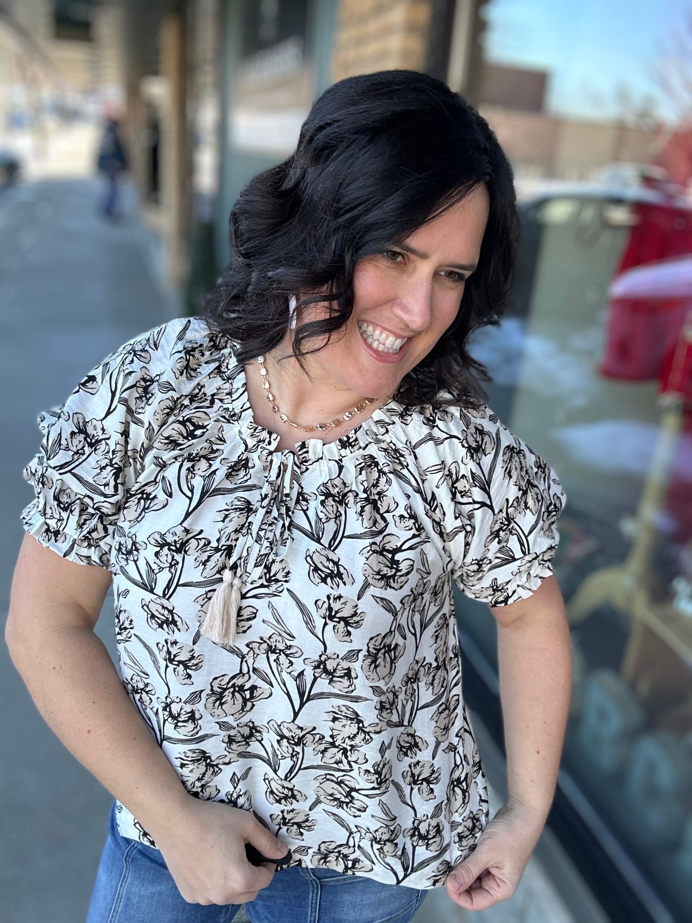 Taupe Bubble Sleeve Swing Top Tops- Blouses DOE & RAE