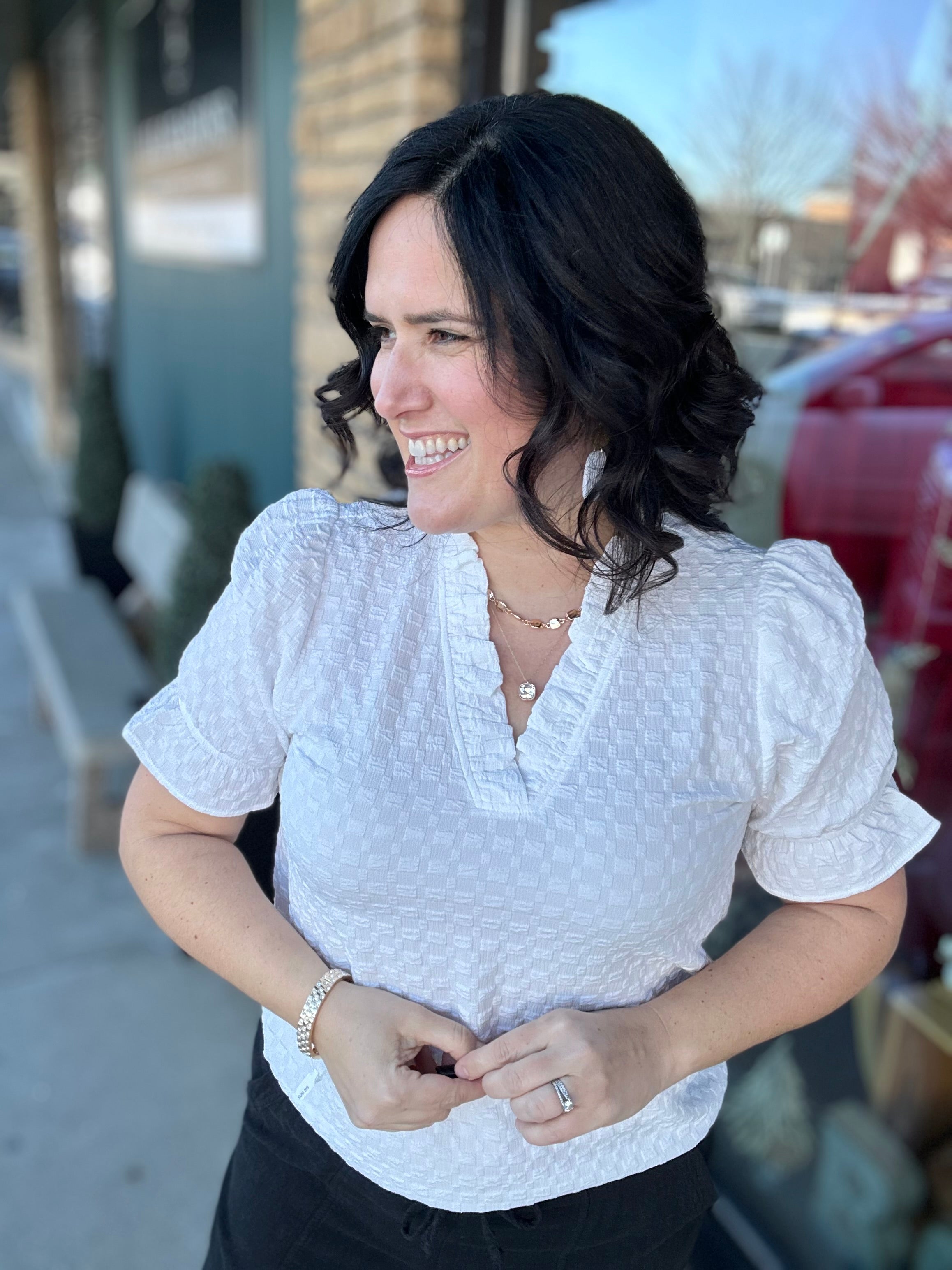 Off White Frilled V Neck Blouse Tops- Blouses STACCATO