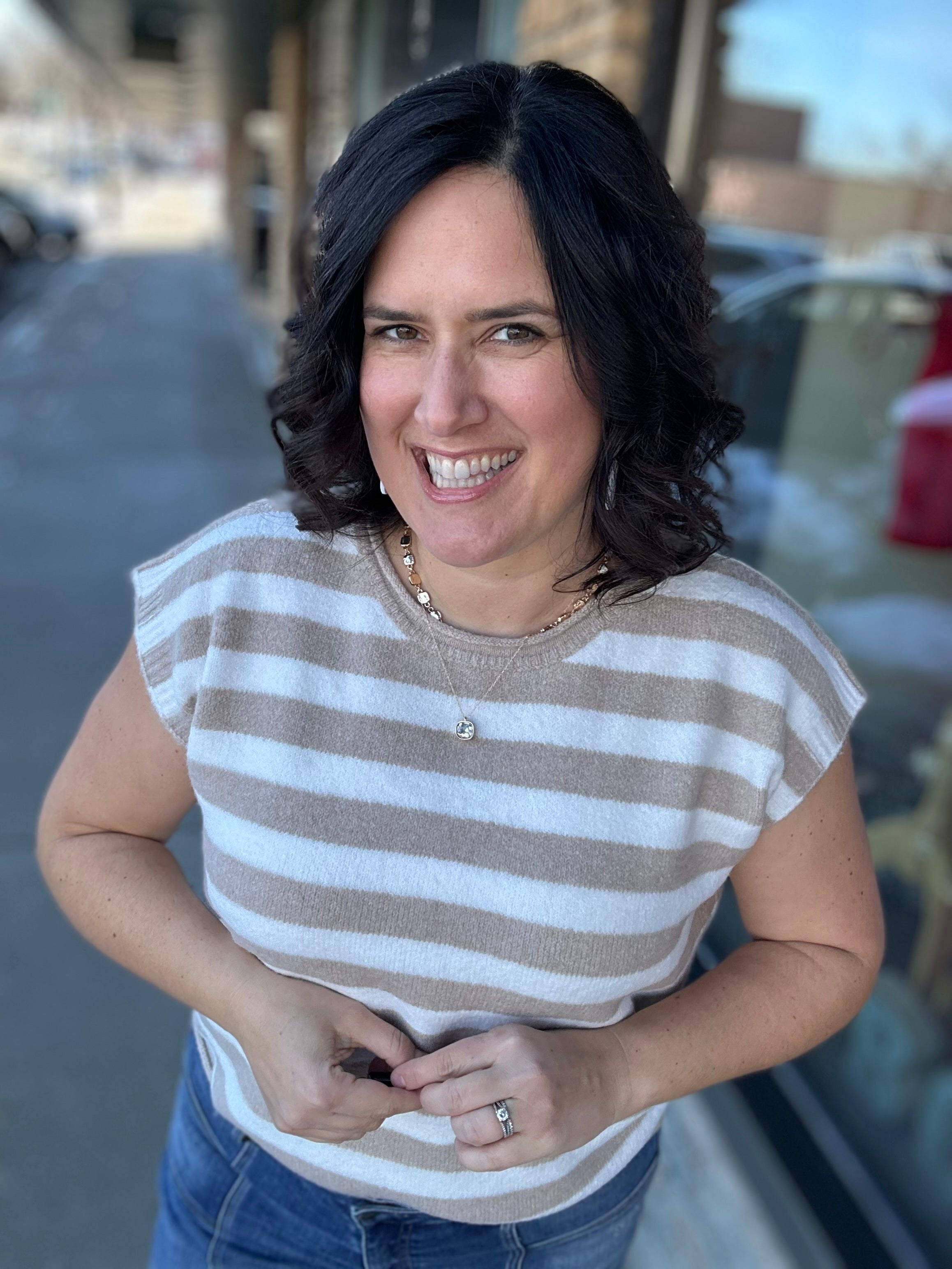 Taupe/White Striped Sweater Vest Top - Sweater WISHLIST