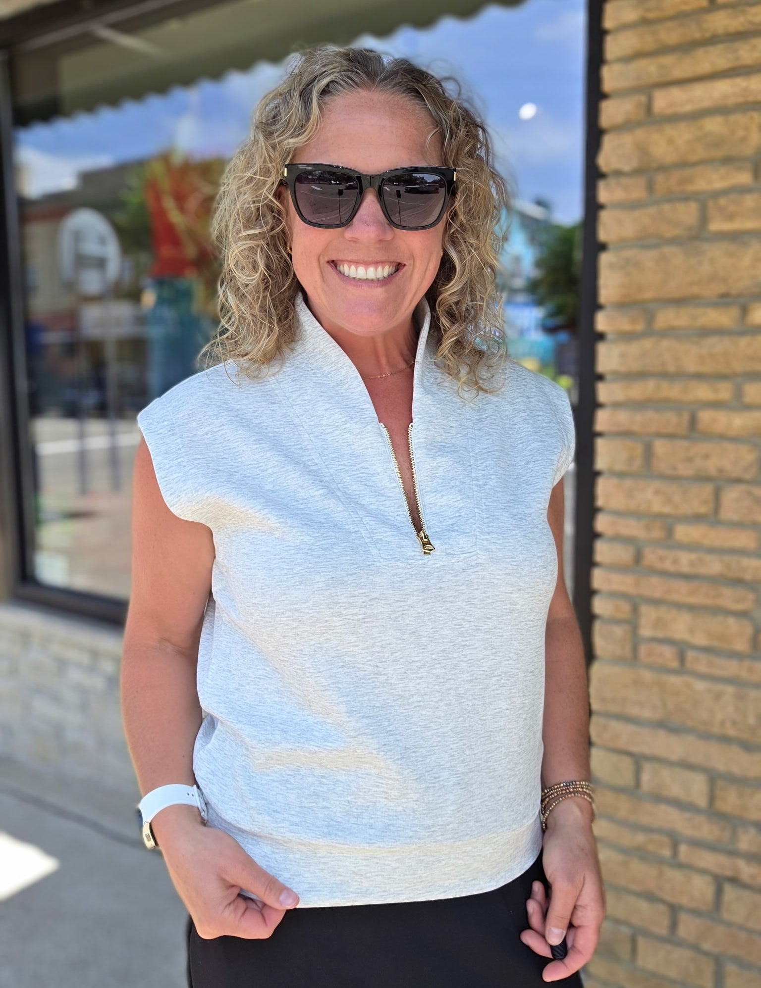 Grey Collared Half Zip Sleeveless Top Tops- Blouses STAR DROP