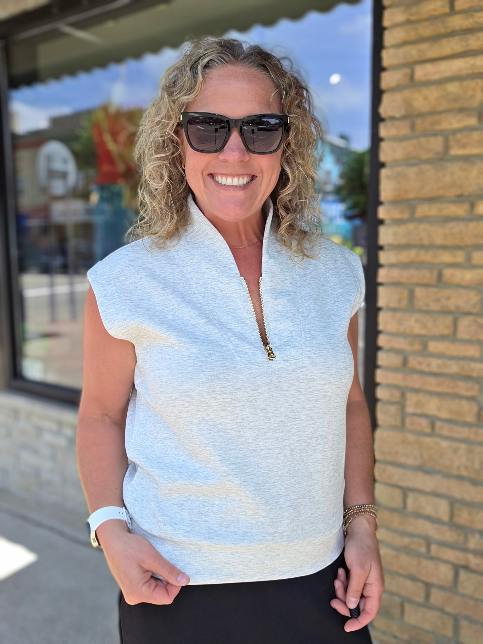 Grey Collared Half Zip Sleeveless Top Tops- Blouses STAR DROP